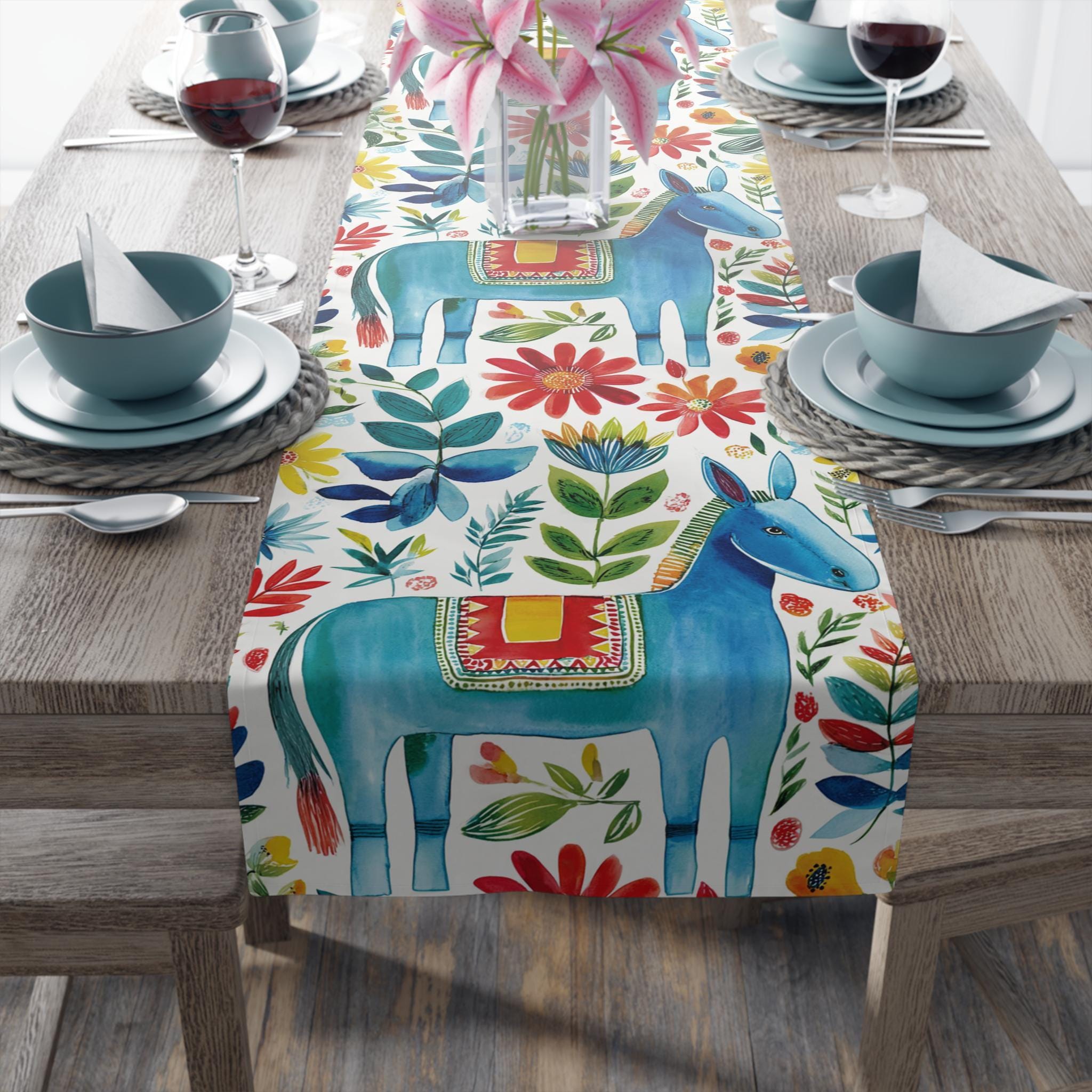 Otomi Table Runner: Blue Donkey Mexican Style Folk Art Floral Decor