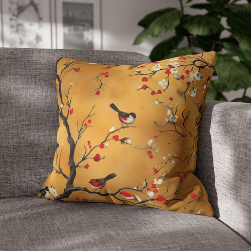 Chinoiserie Pillow Cover: Gold, Red Blossoms & Birds - Asian Decor