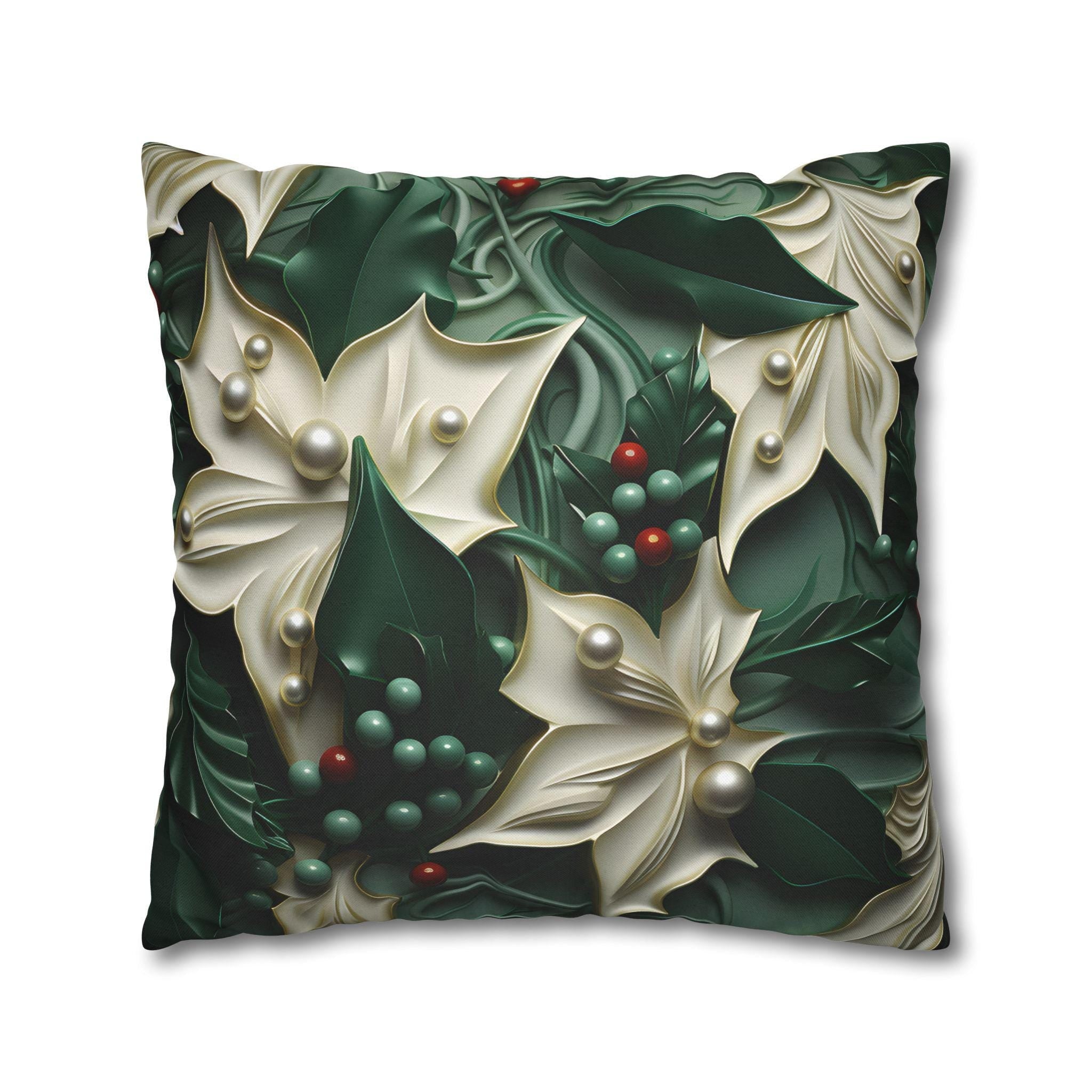 Elegant Holly Leaves & Berries Pillow Cover: Winter Emerald Green Decor with Smooth Design