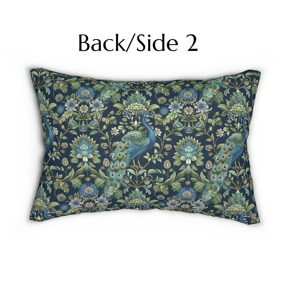 Peacock Lumbar Pillow: Navy Blue, Green, and Cream Floral Design