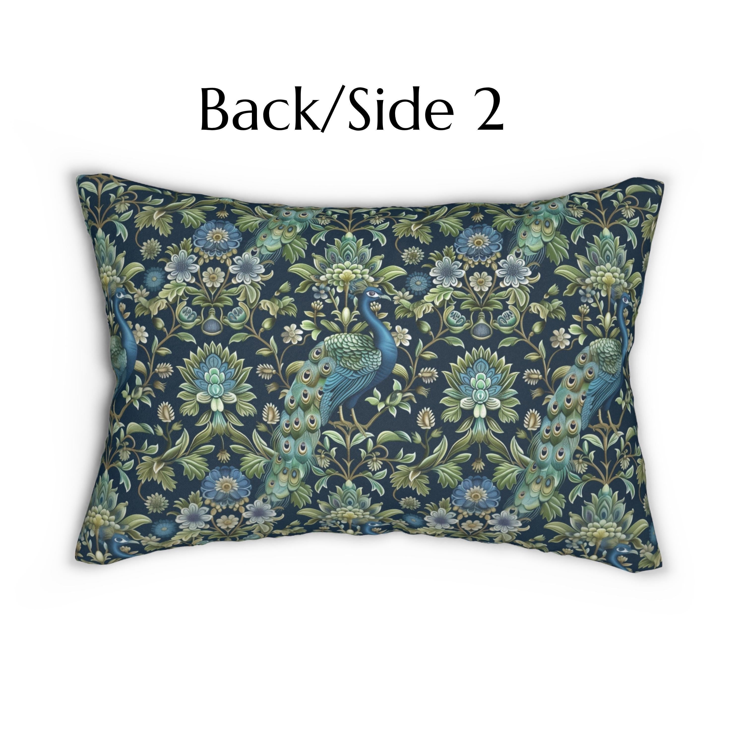 Peacock Lumbar Pillow: Navy Blue, Green, and Cream Floral Design