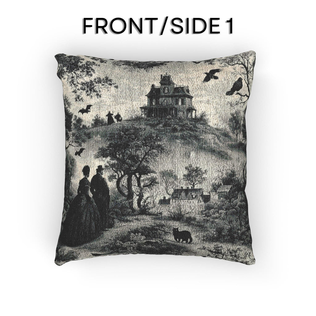 Gothic Toile Tapestry Throw Pillow: Haunted Victorian House, Jacquard Woven Decor