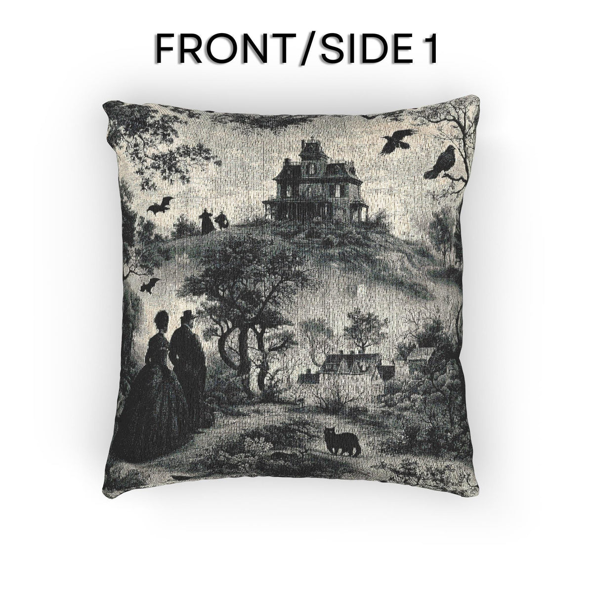 Gothic Toile Tapestry Throw Pillow: Haunted Victorian House, Jacquard Woven Decor