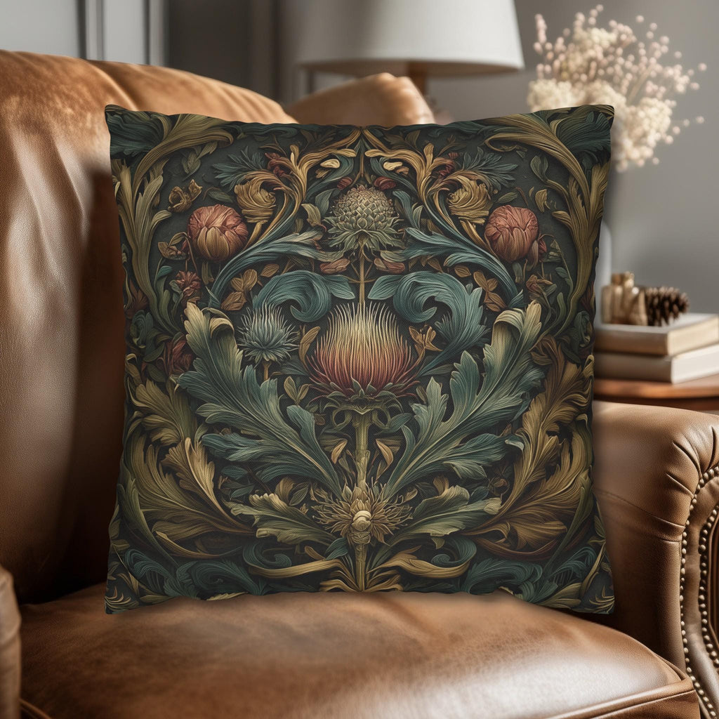 Midnight Morris Pillow Cover: Arts and Crafts Moody Blooms for Autumn