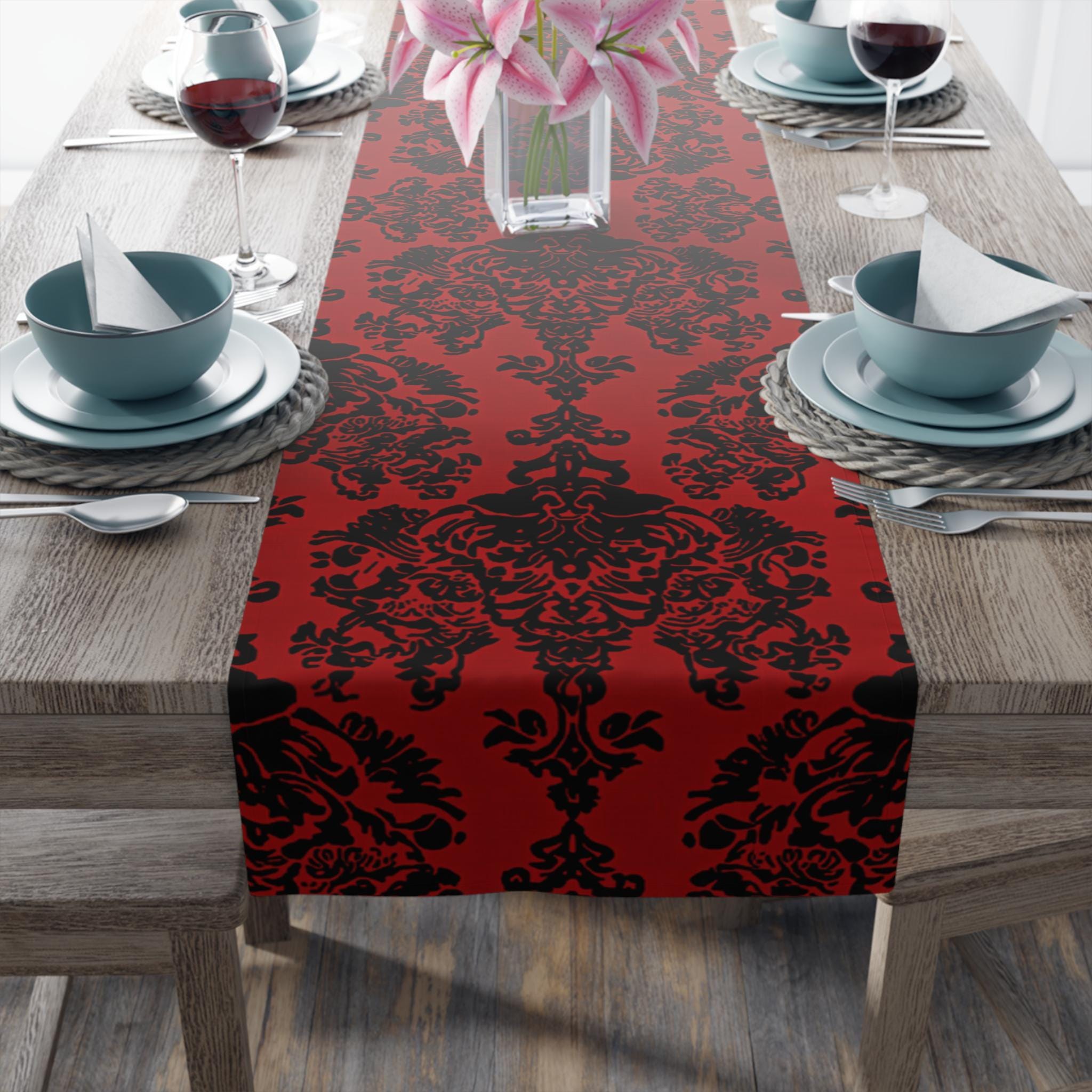 Elegant Gothic Damask Table Runner, Black & Crimson Vampire-Inspired Dining Decor for Romantic Ambiance