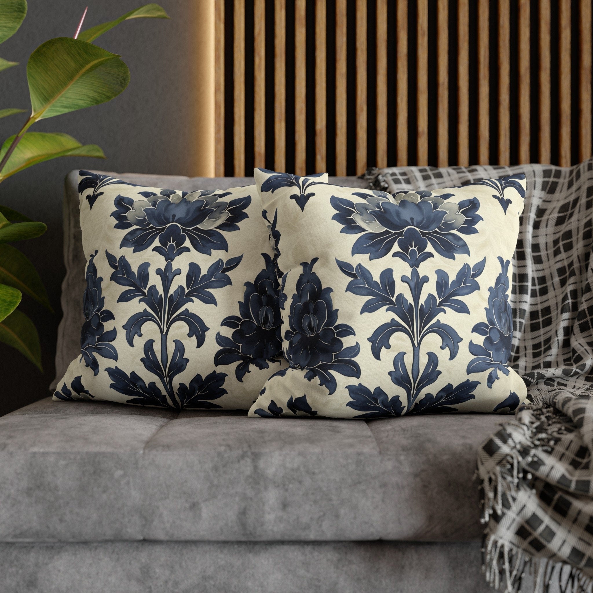 Elegant Blue Floral Damask Throw Pillow Cover: French Country Farmhouse Cottagecore Vintage Decor