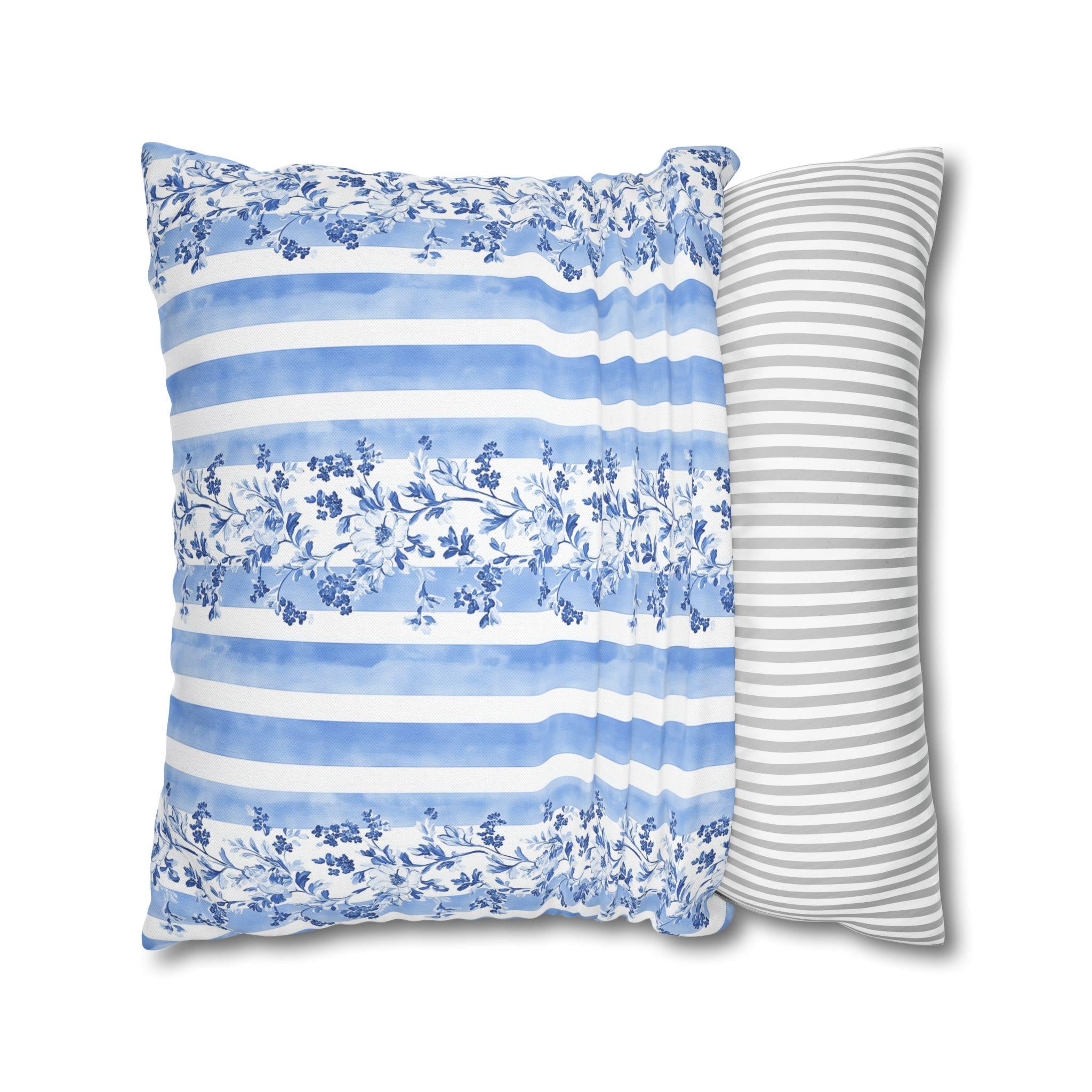 French Country Pillowcase: Blue & White Floral Striped Cushion Cover