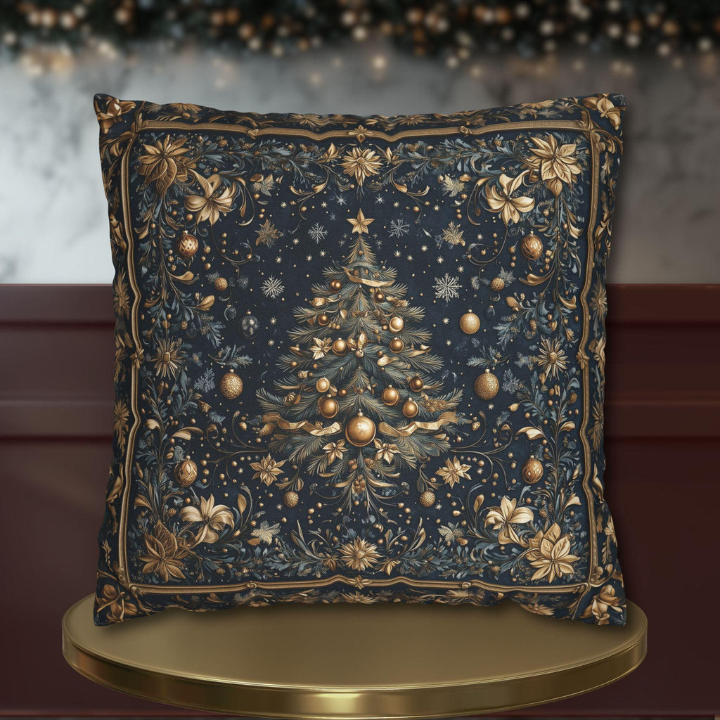 William Morris Inspired Christmas Tree Pillow Cover:  Midnight Blue with Vintage Style Florals