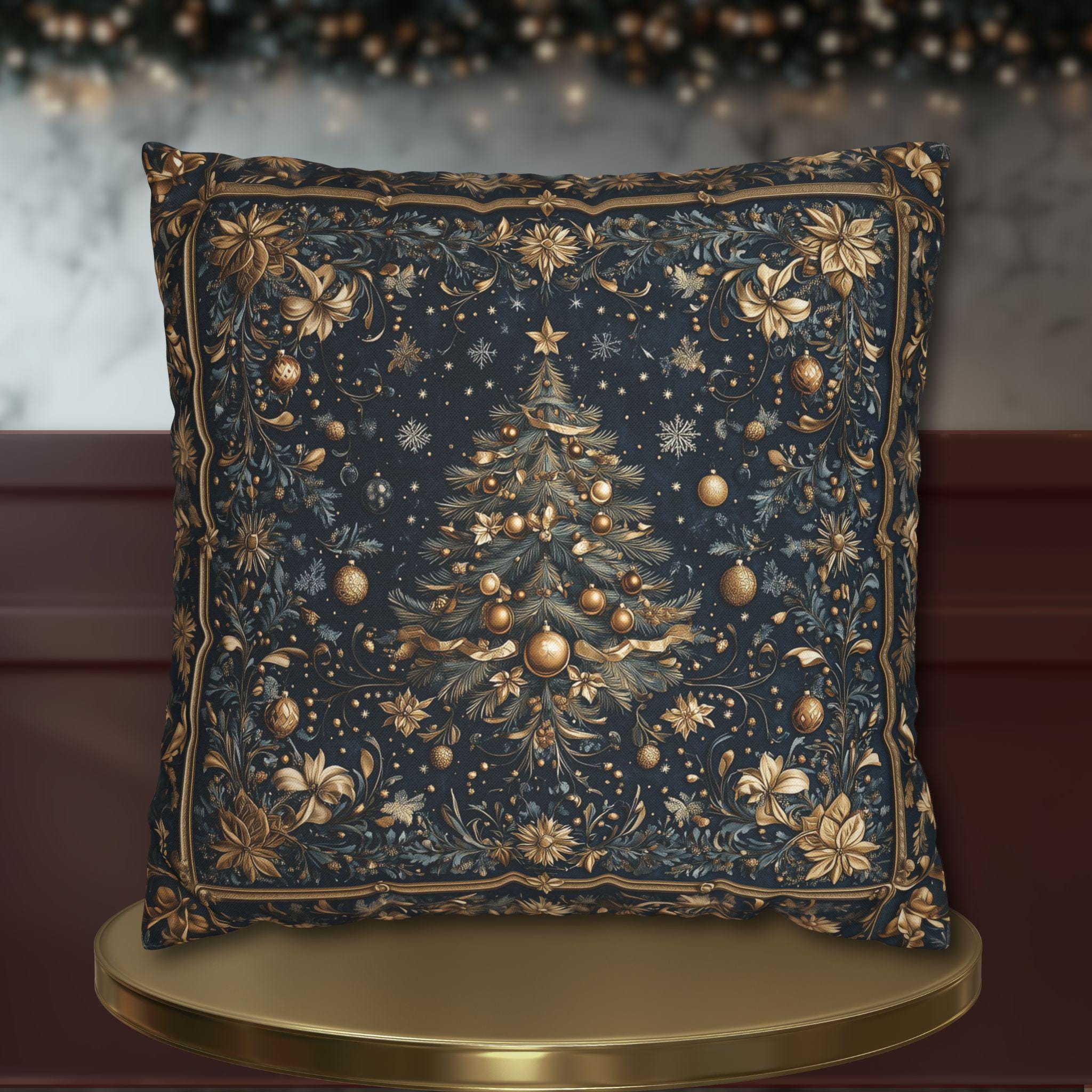 William Morris Inspired Christmas Tree Pillow Cover:  Midnight Blue with Vintage Style Florals
