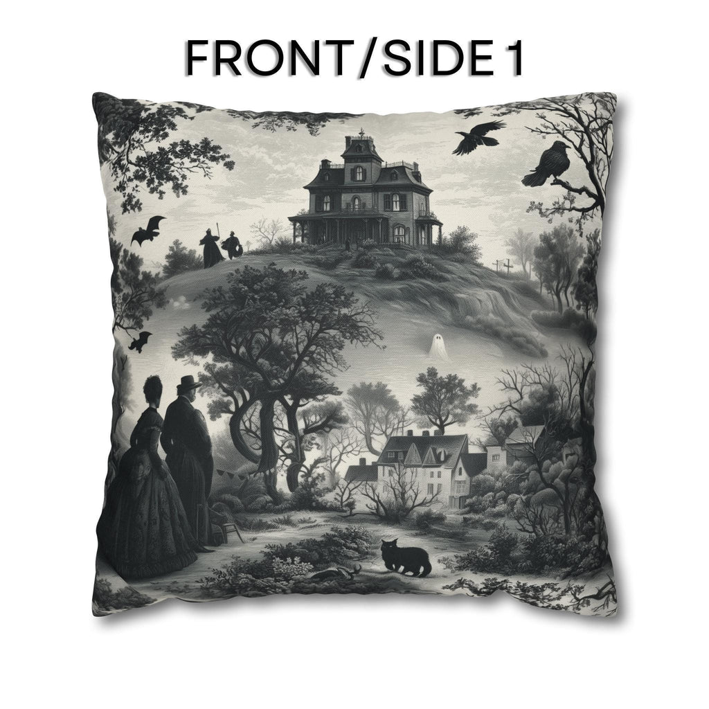 Halloween Toile Pillow Cover: Haunted House, Crows and Black Cat in Monochrome