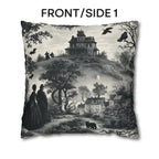 Halloween Toile Pillow Cover: Haunted House, Crows and Black Cat in Monochrome