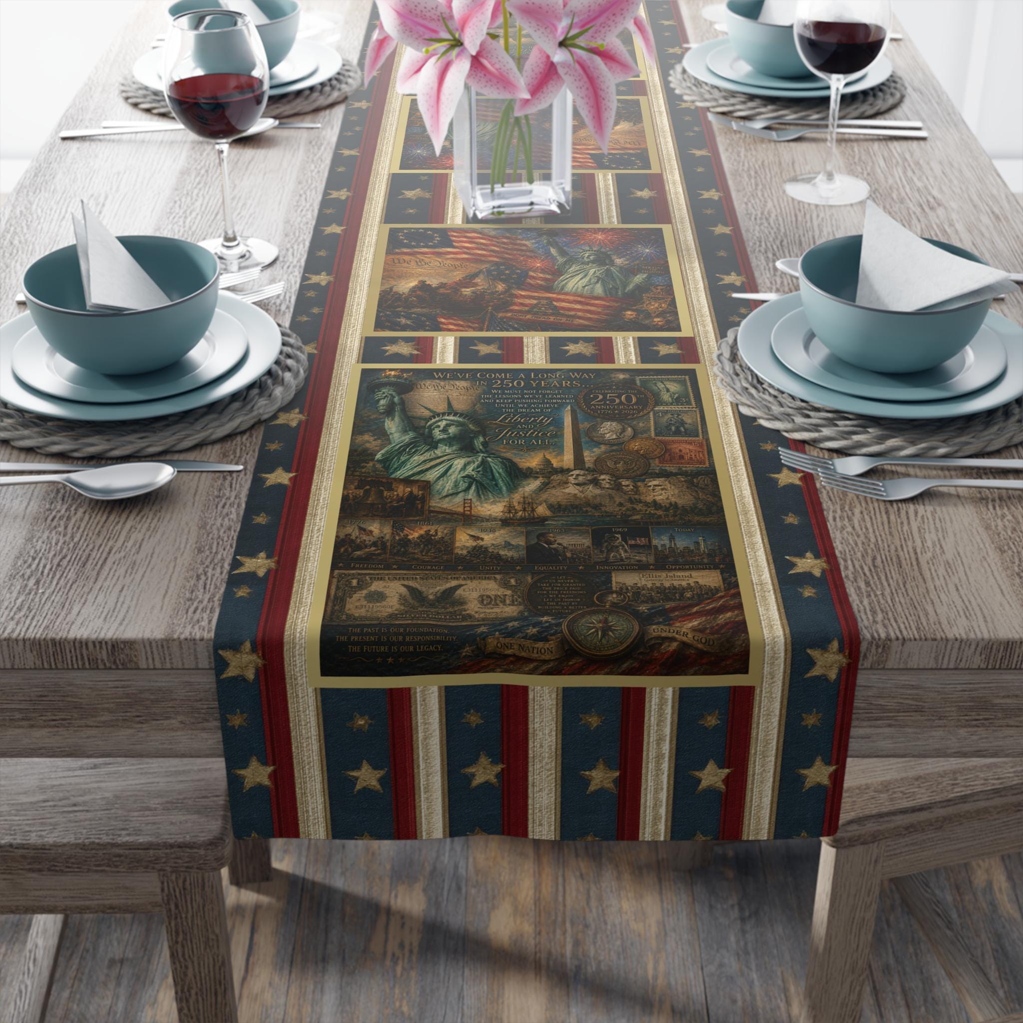 Patriotic Table Runner: USA 250th Anniversary Liberty and Justice Theme