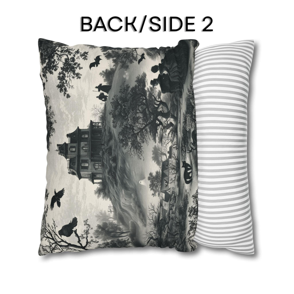 Halloween Toile Pillow Cover: Haunted House, Crows and Black Cat in Monochrome