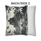 Halloween Toile Pillow Cover: Haunted House, Crows and Black Cat in Monochrome