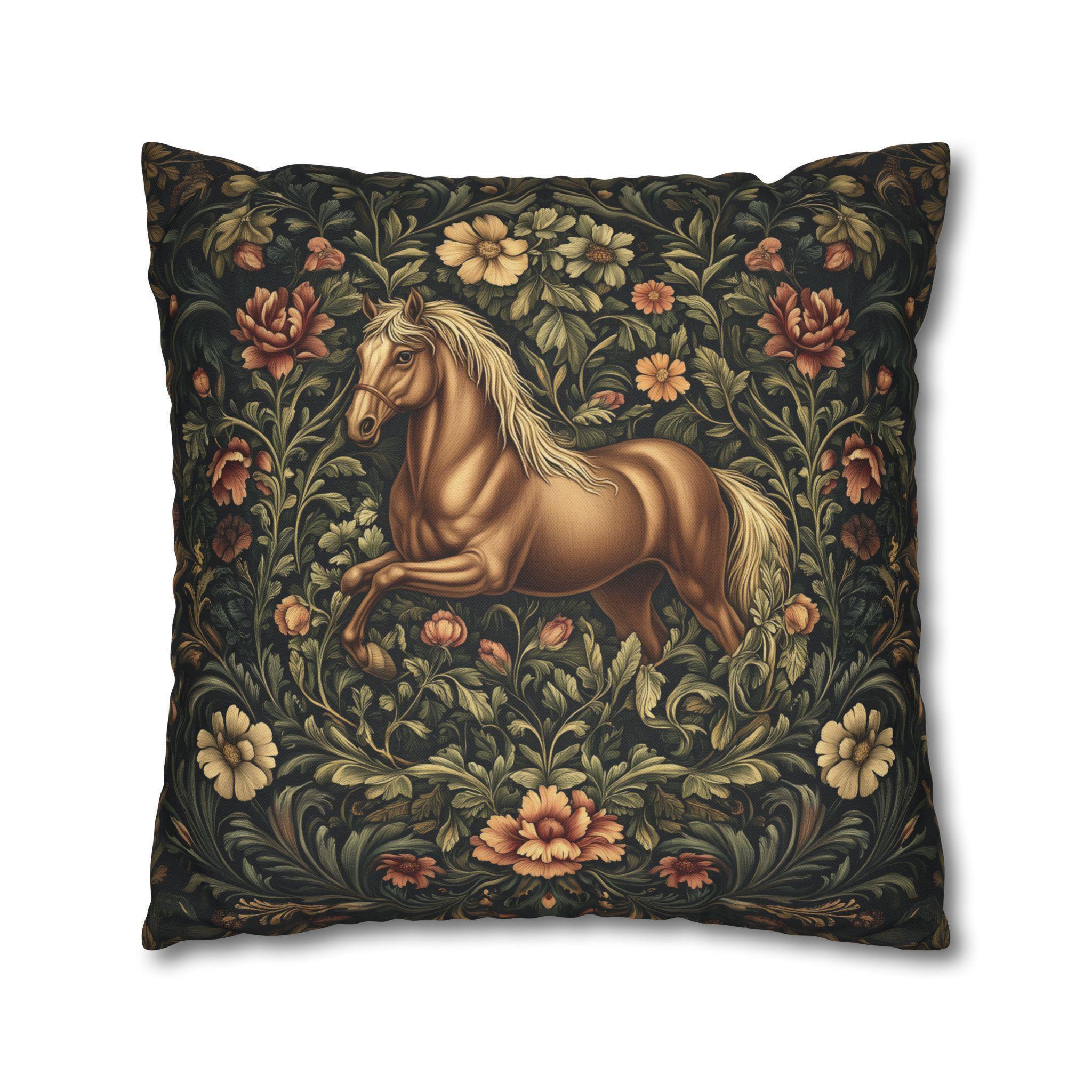 Elegant Equestrian Pillow Cover: William Morris Inspired Botanical Floral Design with Golden Horse Motif