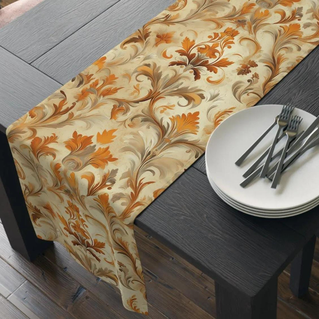 Autumn Damask Table Runner: Earthy Floral Fall Decor