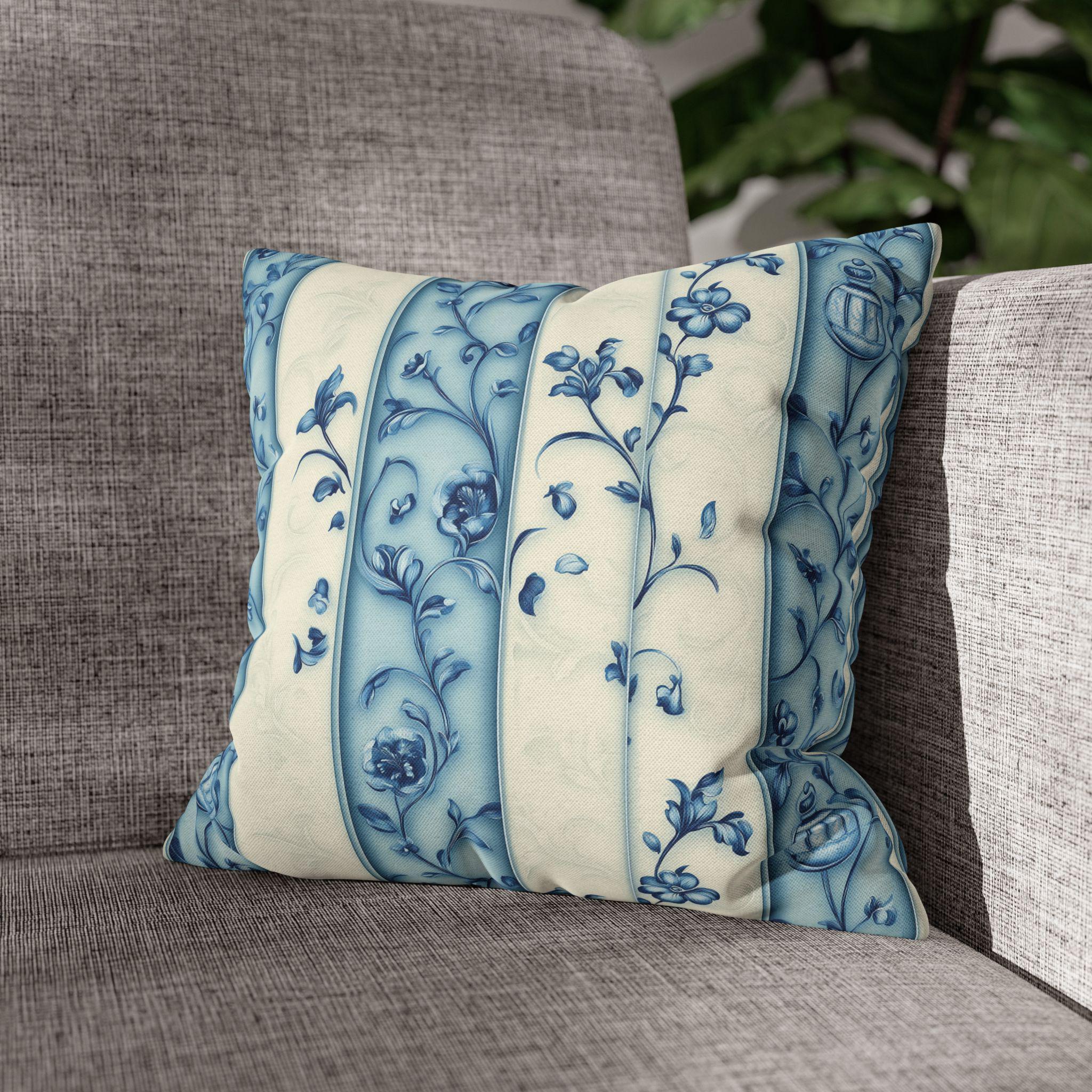 Elegant Blue & White Chinoiserie Floral Stripe Pillowcase: French-Inspired Square Cushion Cover