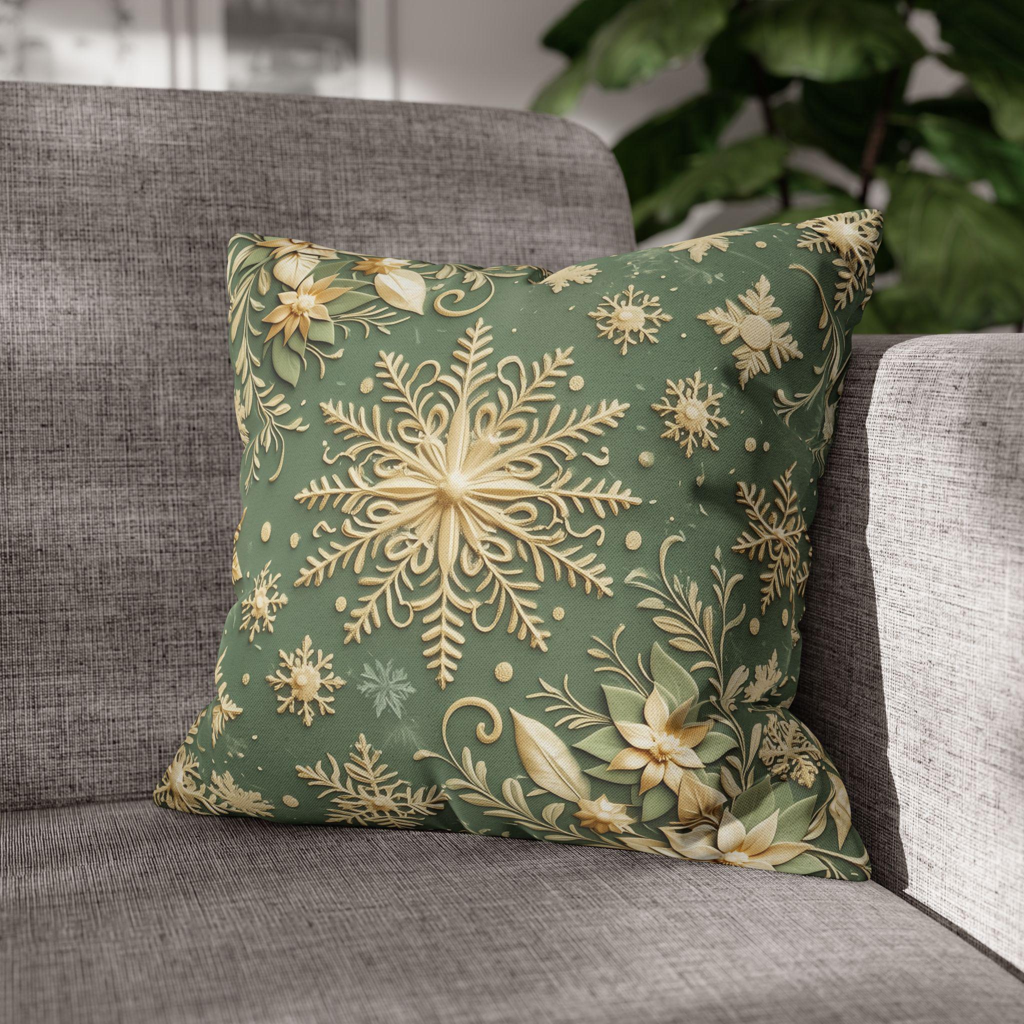 Snowflake Minty Green Square Pillowcase, Elegant Gold and Green Throw Pillow Cover