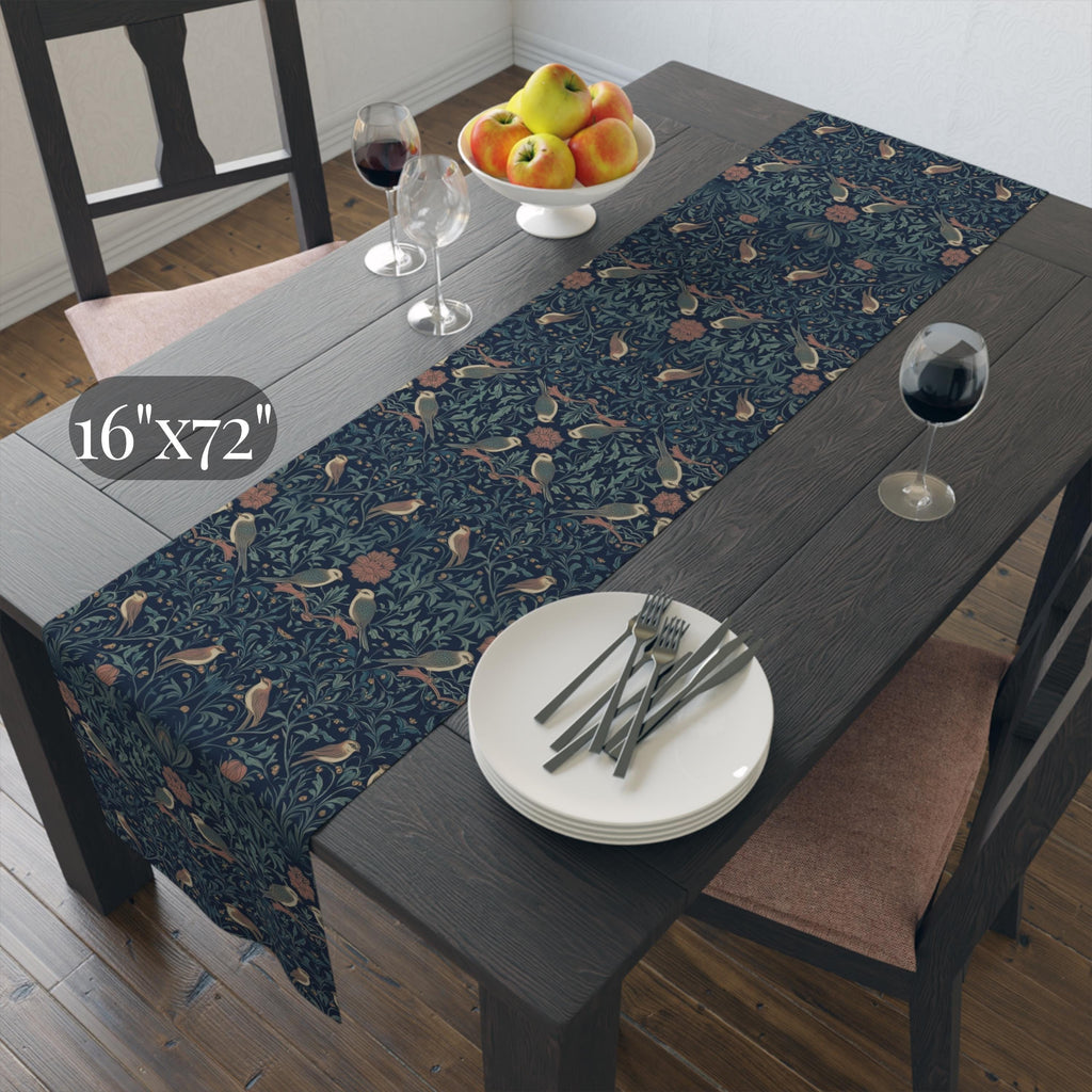 Midnight Songbirds Table Runner: William Morris Birds Pattern Revival