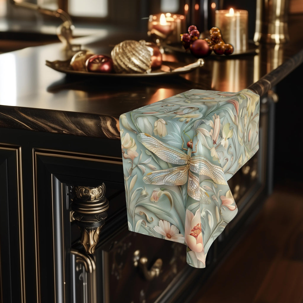 William Morris Dragonfly Hand Towel: Blue, Gold Wings Pink, Cream Flowers Elegant Nature Design