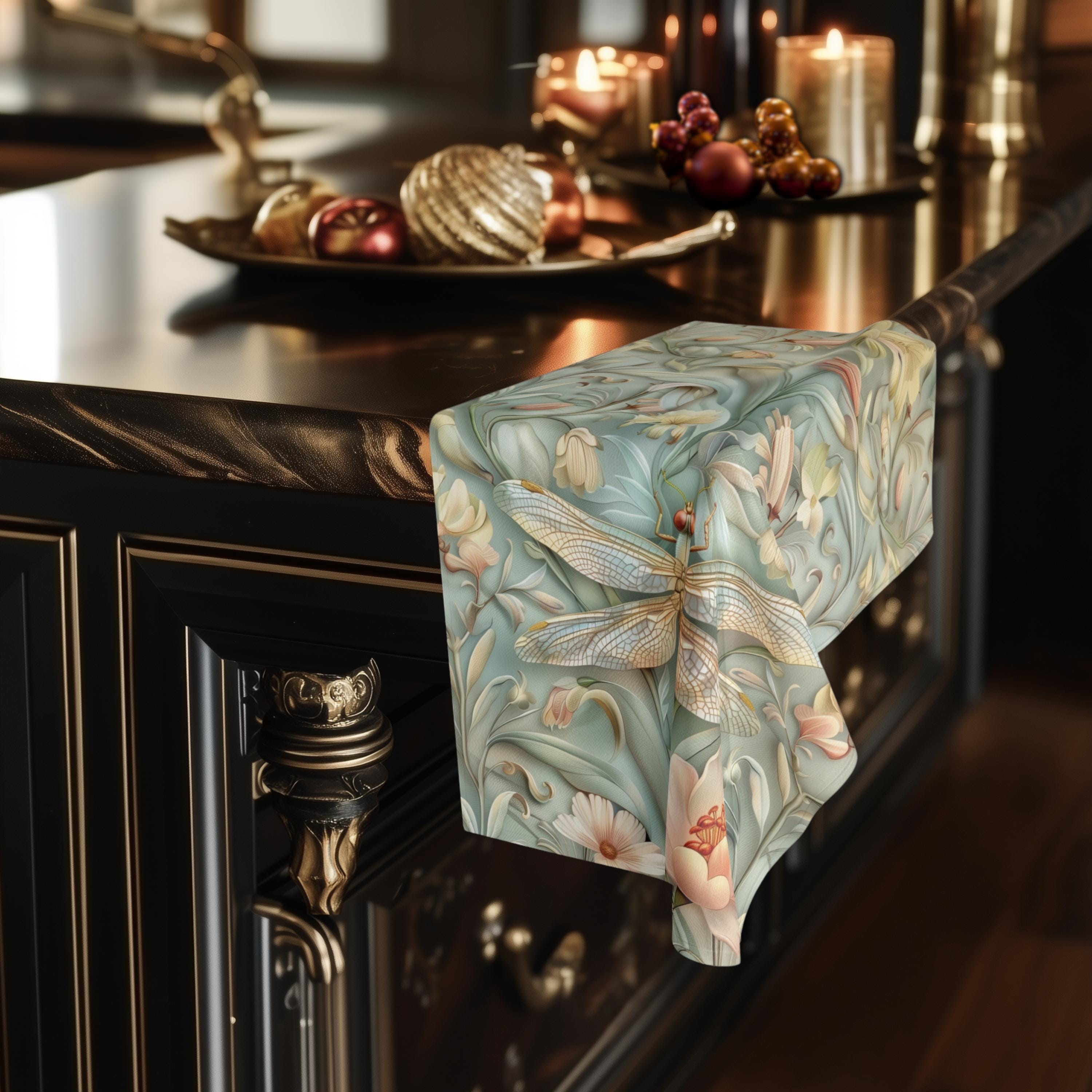 William Morris Dragonfly Hand Towel: Blue, Gold Wings Pink, Cream Flowers Elegant Nature Design