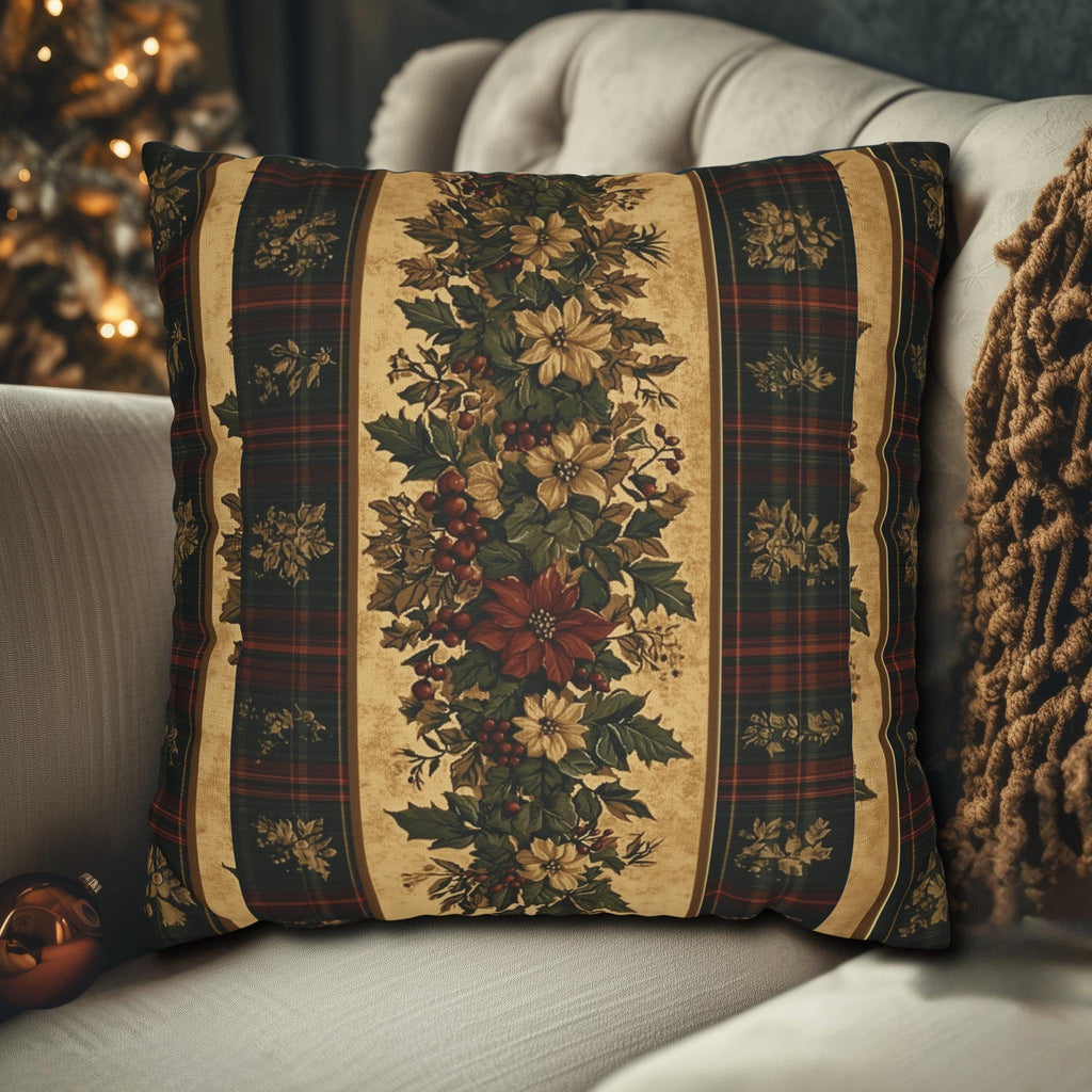 Plaid Botanical Stripes Christmas Throw Pillow Cover: Vintage Style with Poinsettias and Holly