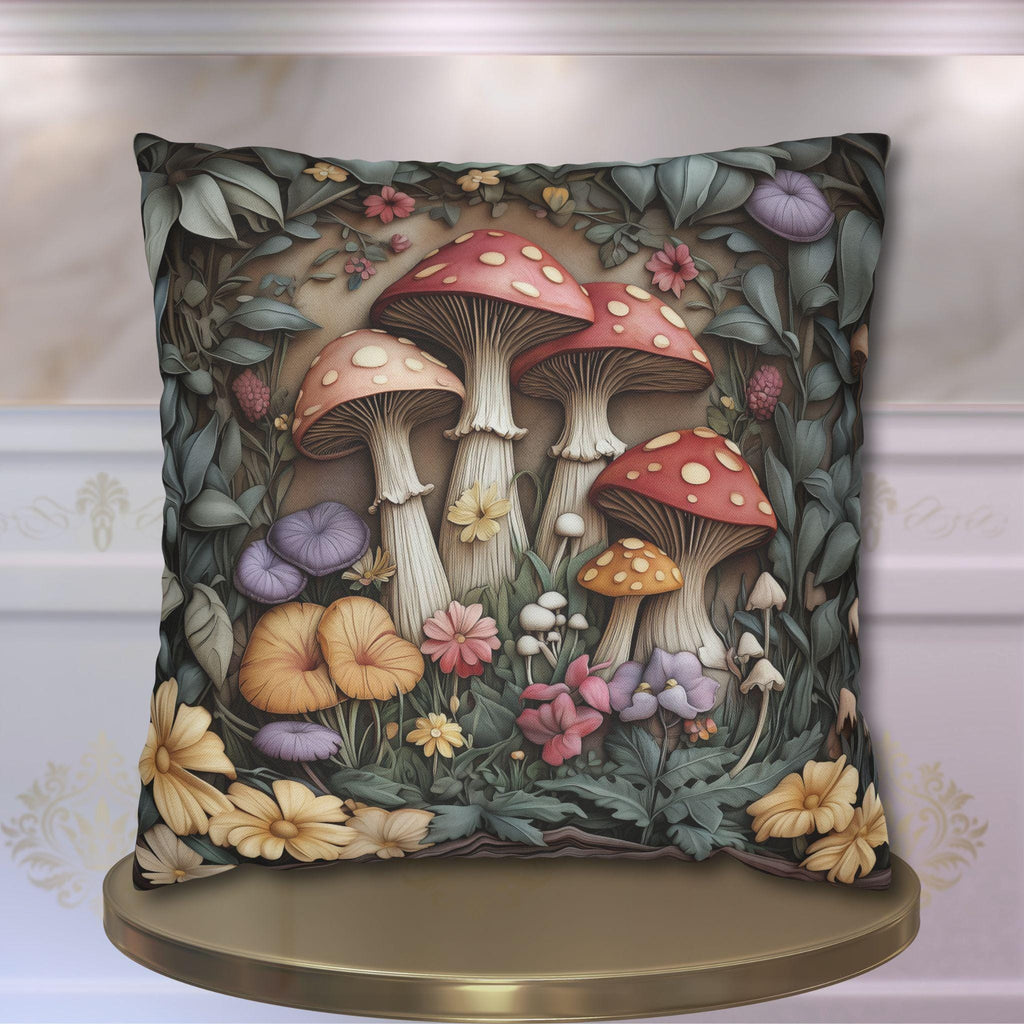 Whimsical Mushroom Pillow Cover: William Morris Inspired Forest Botanical Art Cushion Case