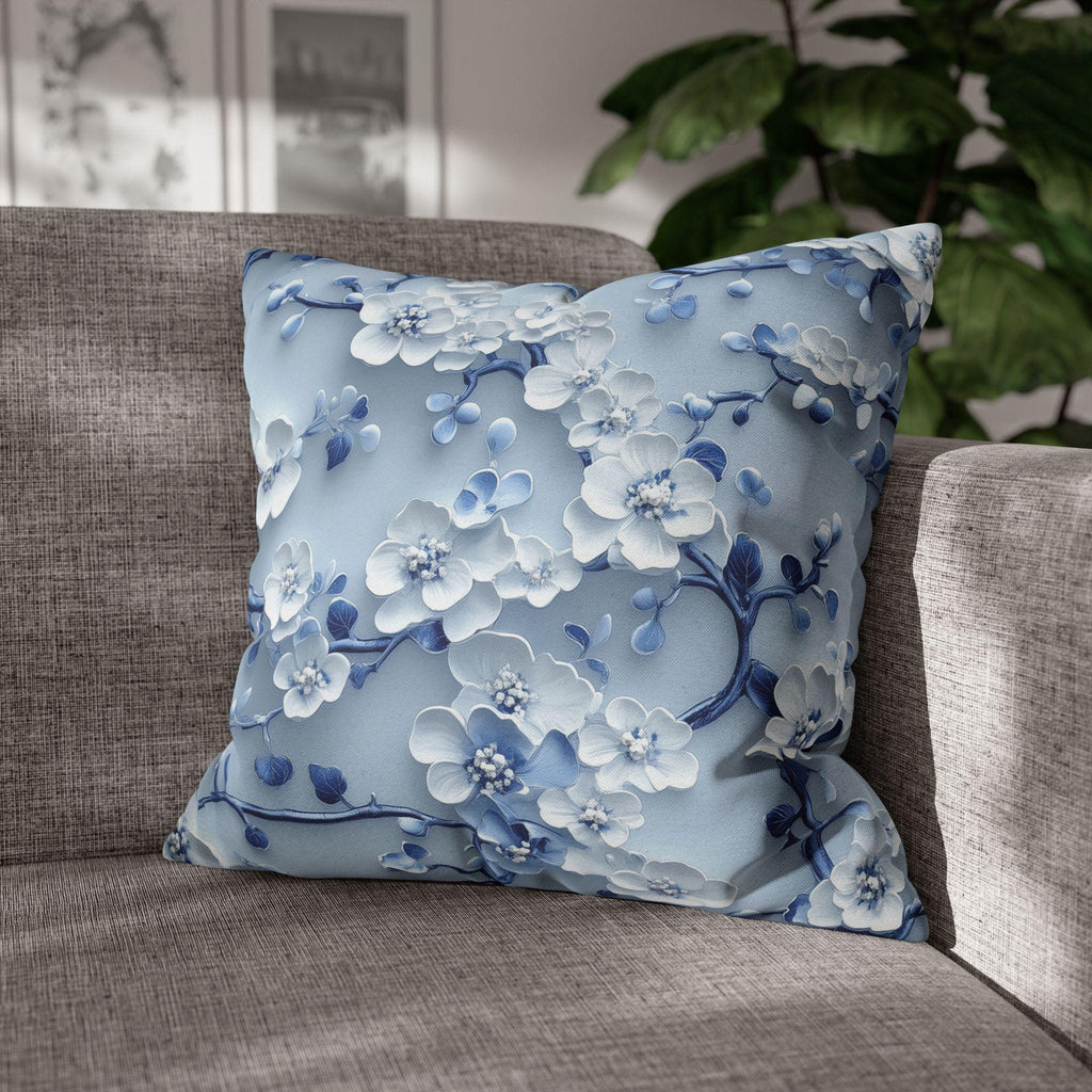 Elegant Blue & White Chinoiserie Cherry Blossom Pillow Cover | Asian-Inspired Floral Home Decor