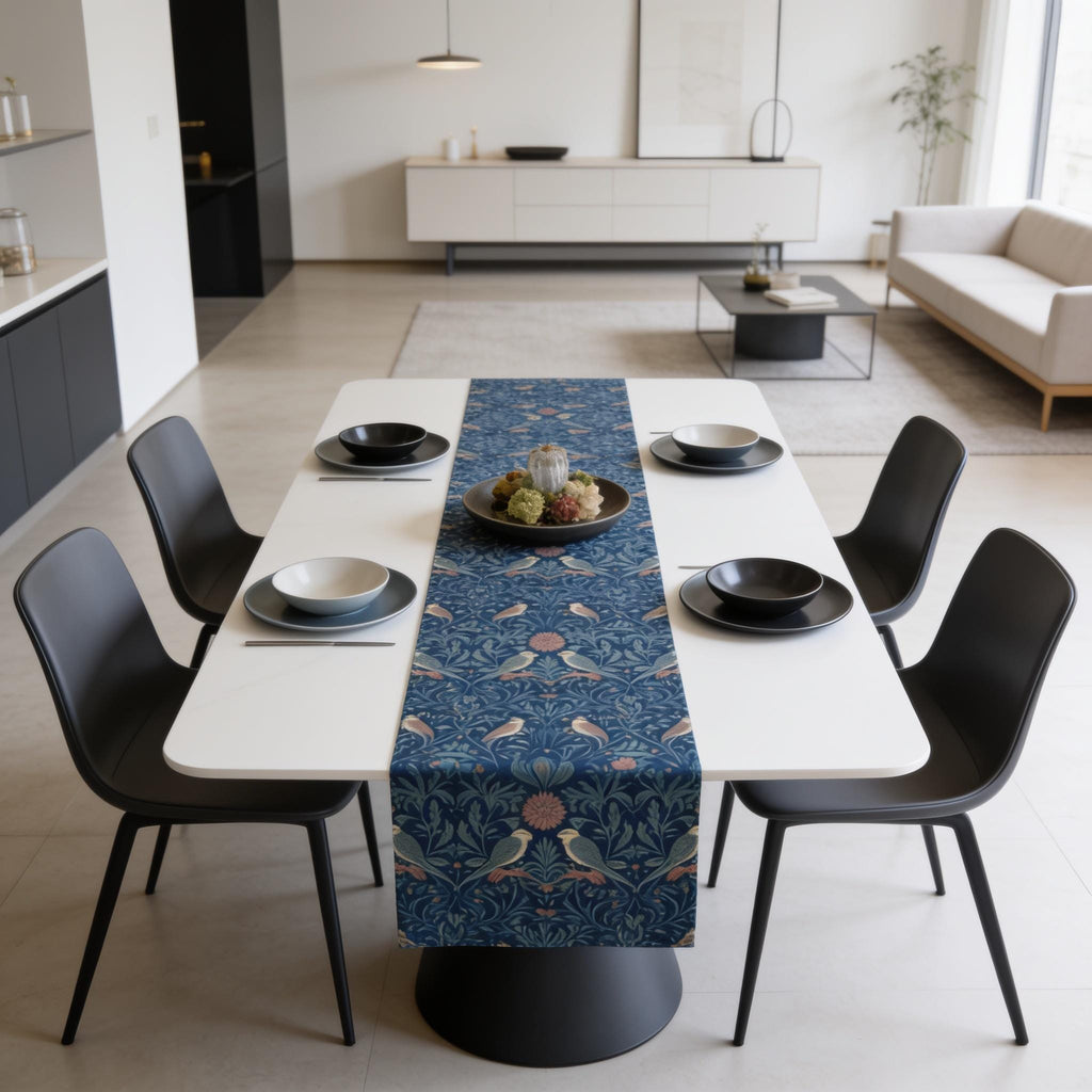 Midnight Songbirds Table Runner: William Morris Birds Pattern Revival