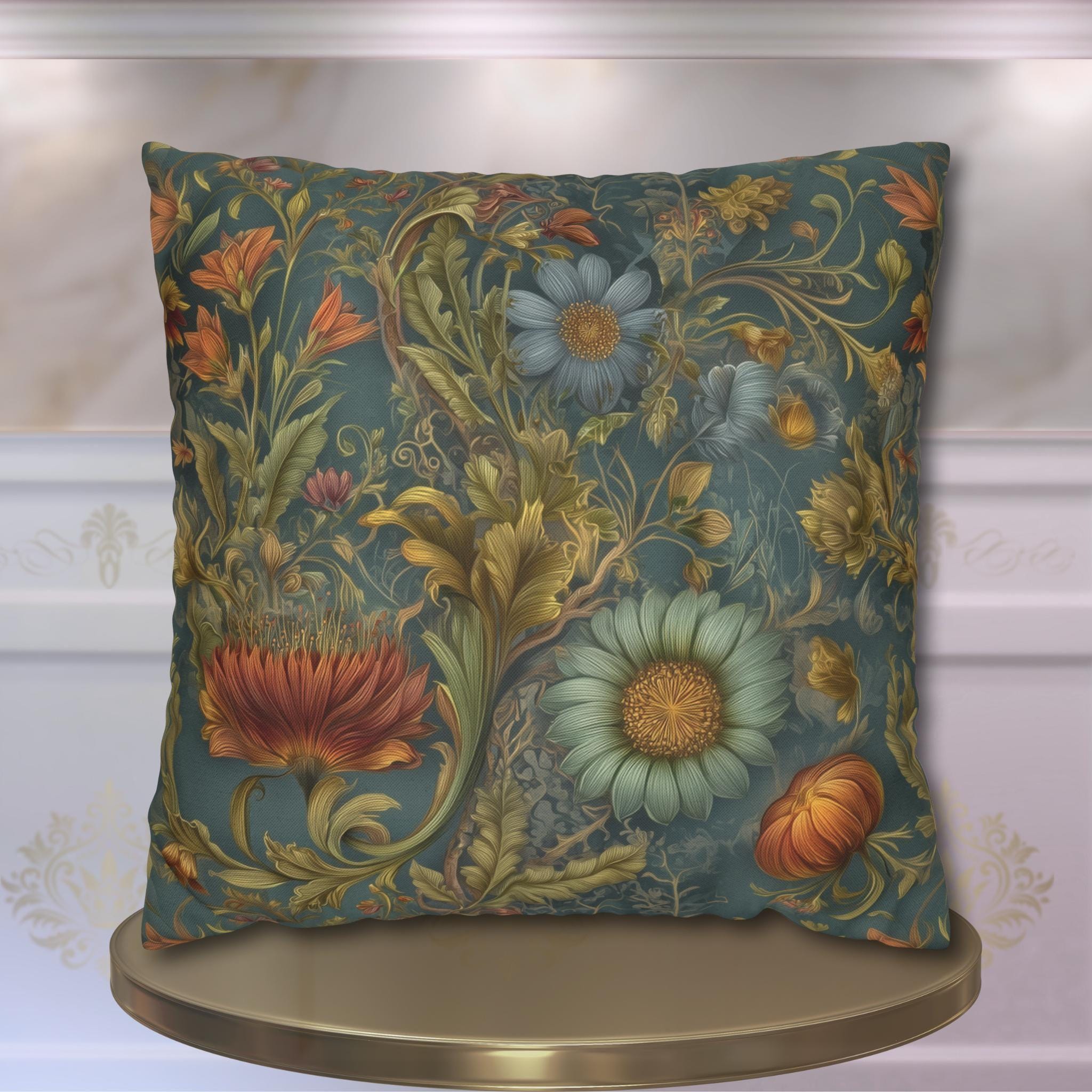 William Morris Inspired Throw Pillow Cover: Moody Teal Botanical Floral