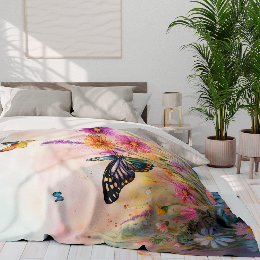 Butterfly Throw Blanket Pastel Wildflowers Spring Nature Art Cozy Couch or Bed Accent