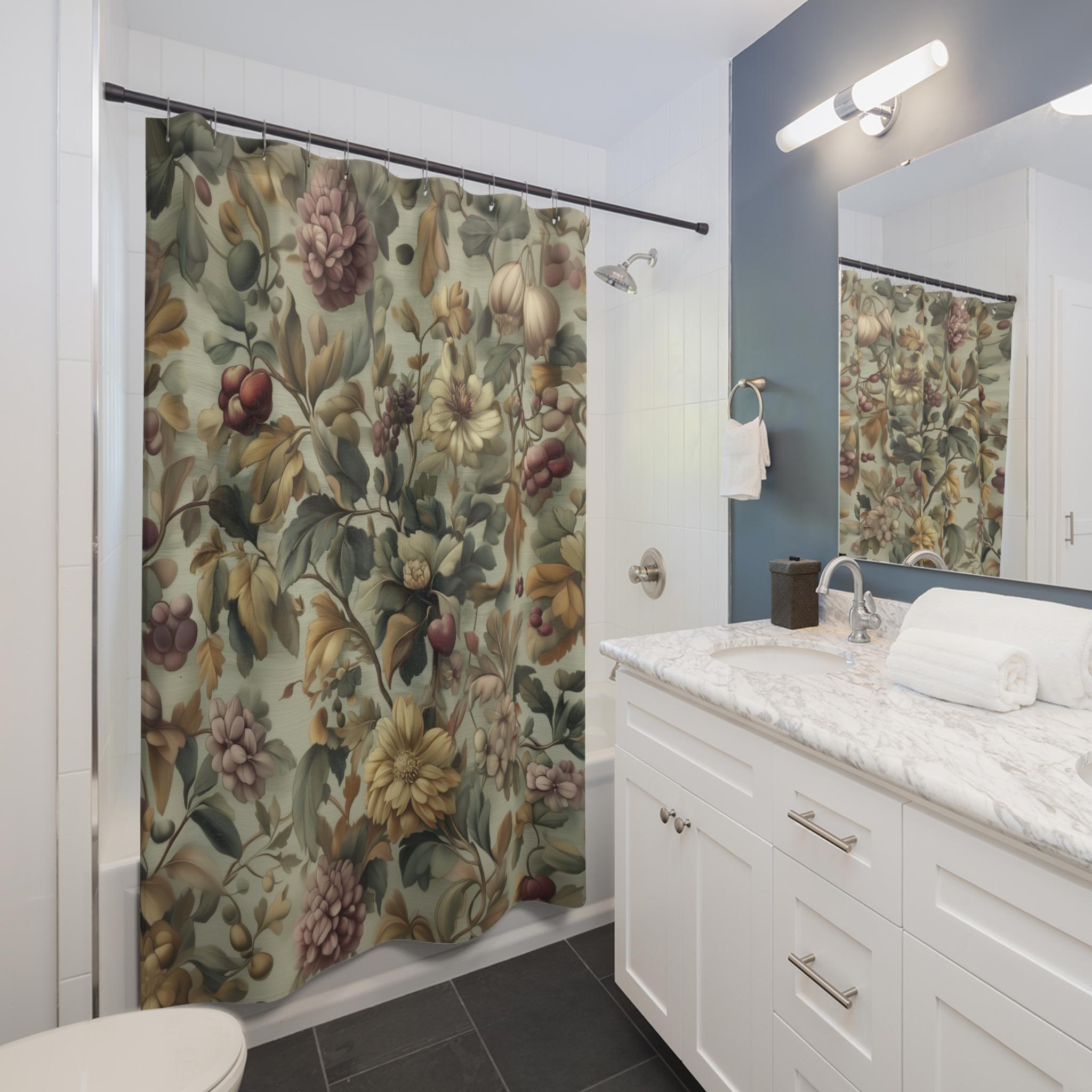 William Morris Inspired Fall Botanical Shower Curtain: Sage Mint, Wine, Wheat