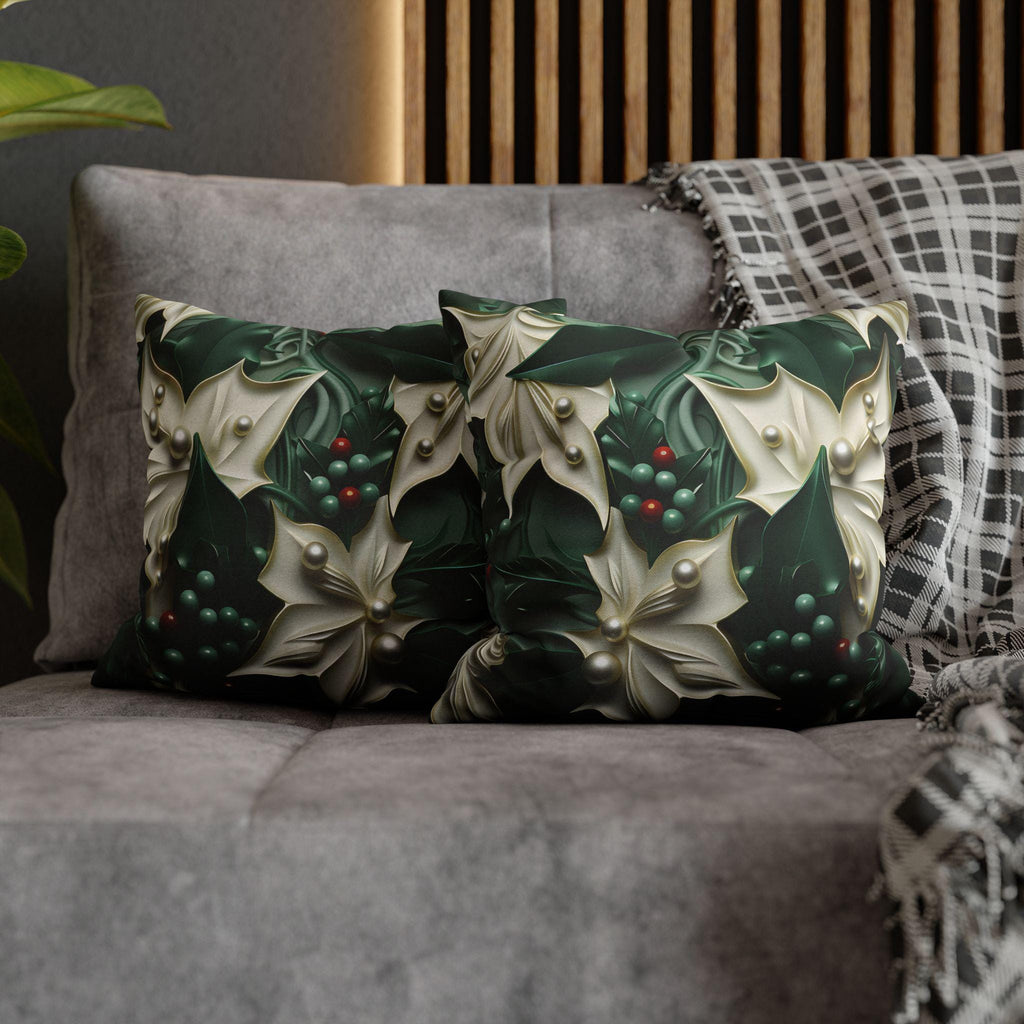 Elegant Holly Leaves & Berries Pillow Cover: Winter Emerald Green Decor with Smooth Design