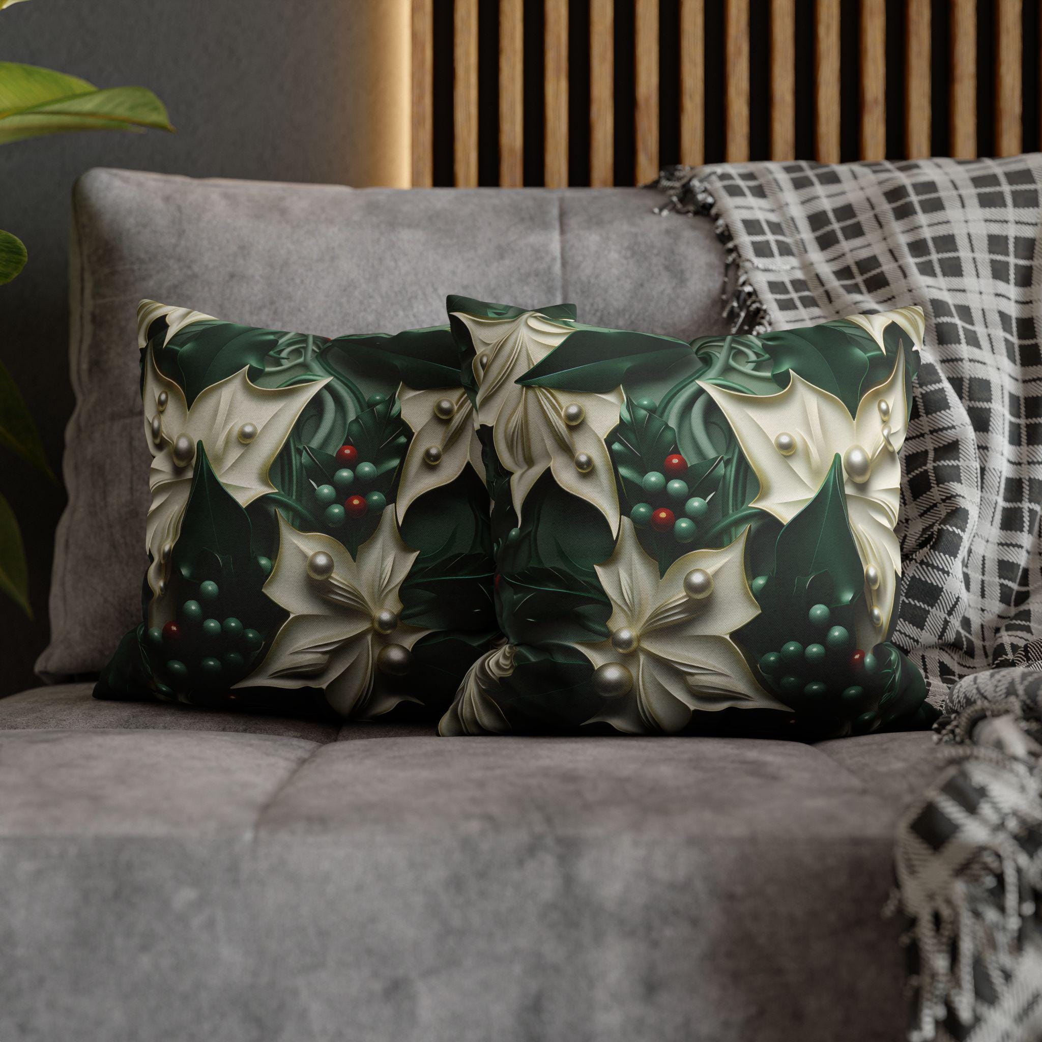 Elegant Holly Leaves & Berries Pillow Cover: Winter Emerald Green Decor with Smooth Design