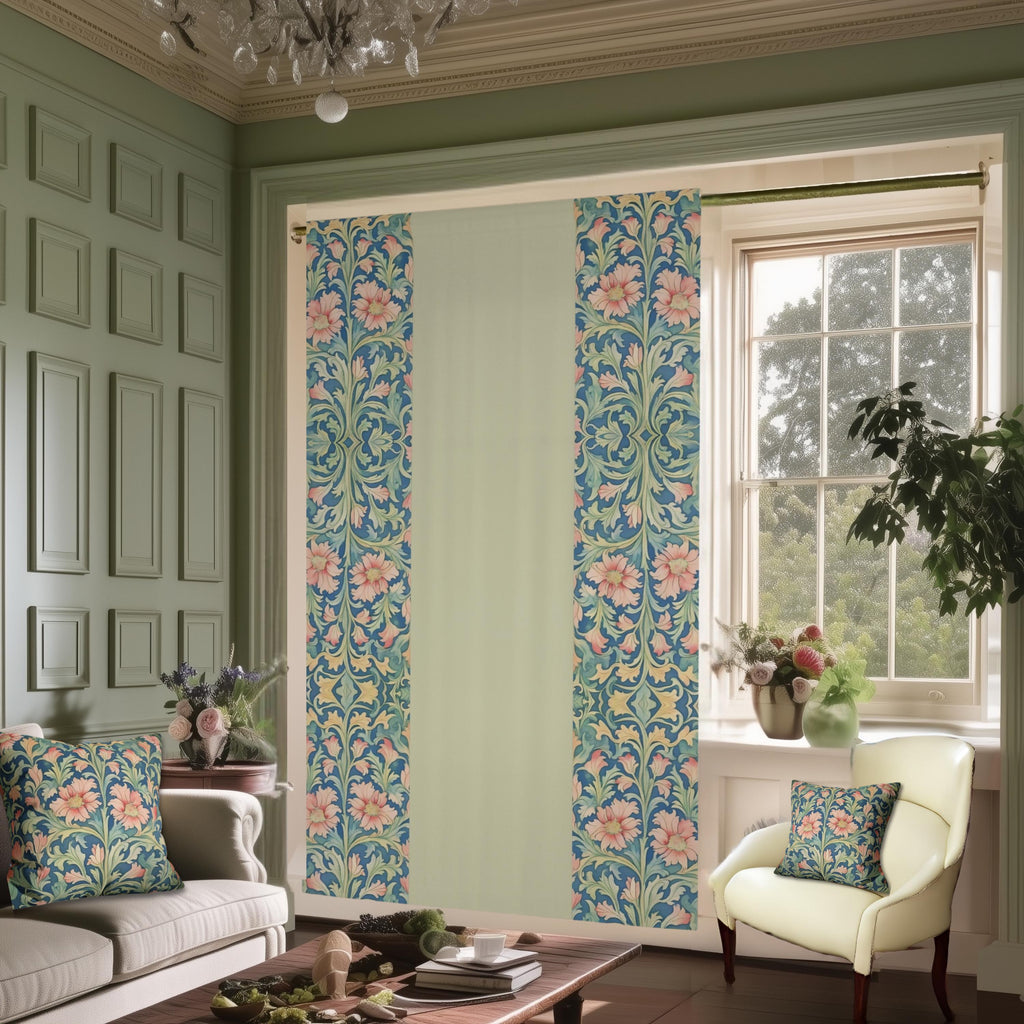 William Morris Pimpernel-Inspired Blackout Panel Curtain: Modern Blue Coral Pink Botanical