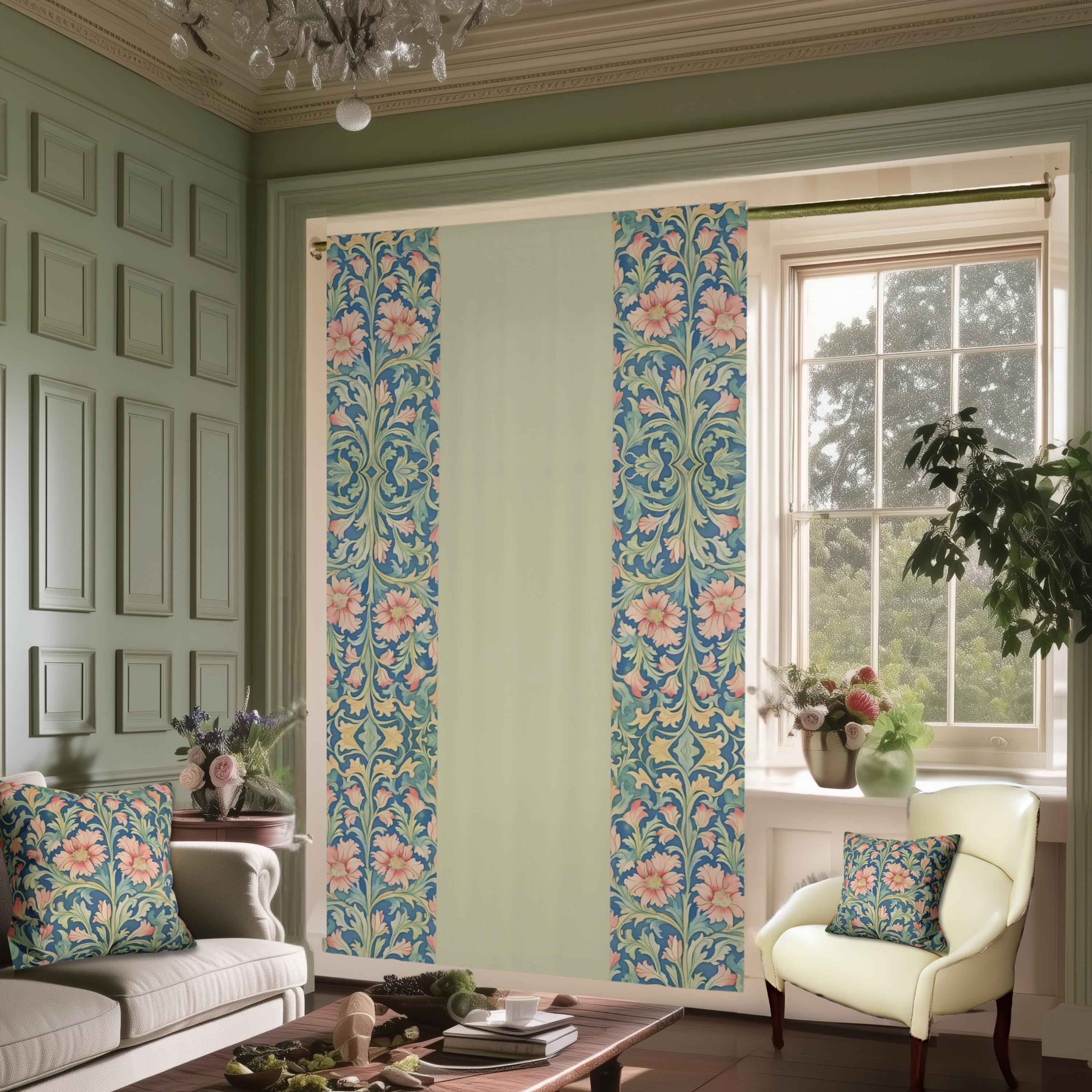 William Morris Pimpernel-Inspired Blackout Panel Curtain: Modern Blue Coral Pink Botanical
