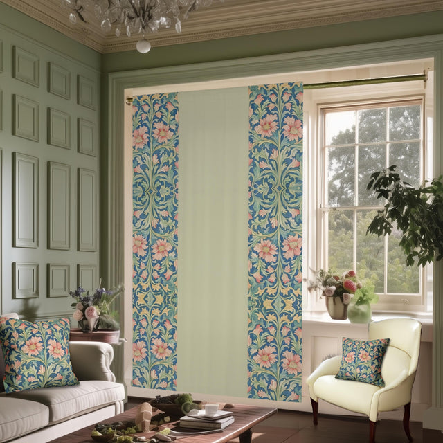 William Morris Pimpernel-Inspired Blackout Panel Curtain: Modern Blue Coral Pink Botanical