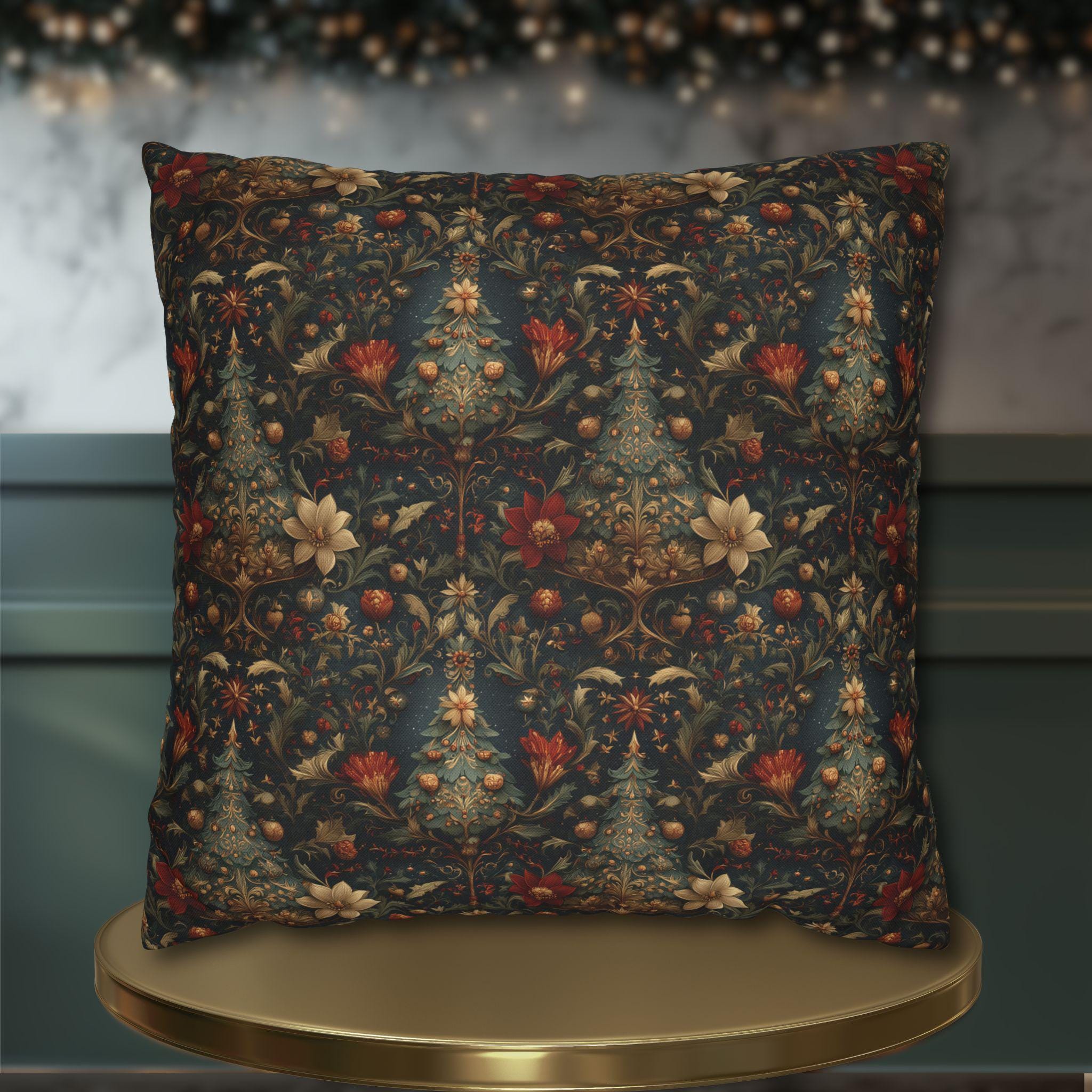 Intricate Christmas Trees and Florals Pillow Cover: William Morris Style Holiday Botanical Design
