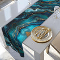 Elegant Ocean Wave Table Runner: Teal, Blue & Gold Accents for Sophisticated Dining Decor