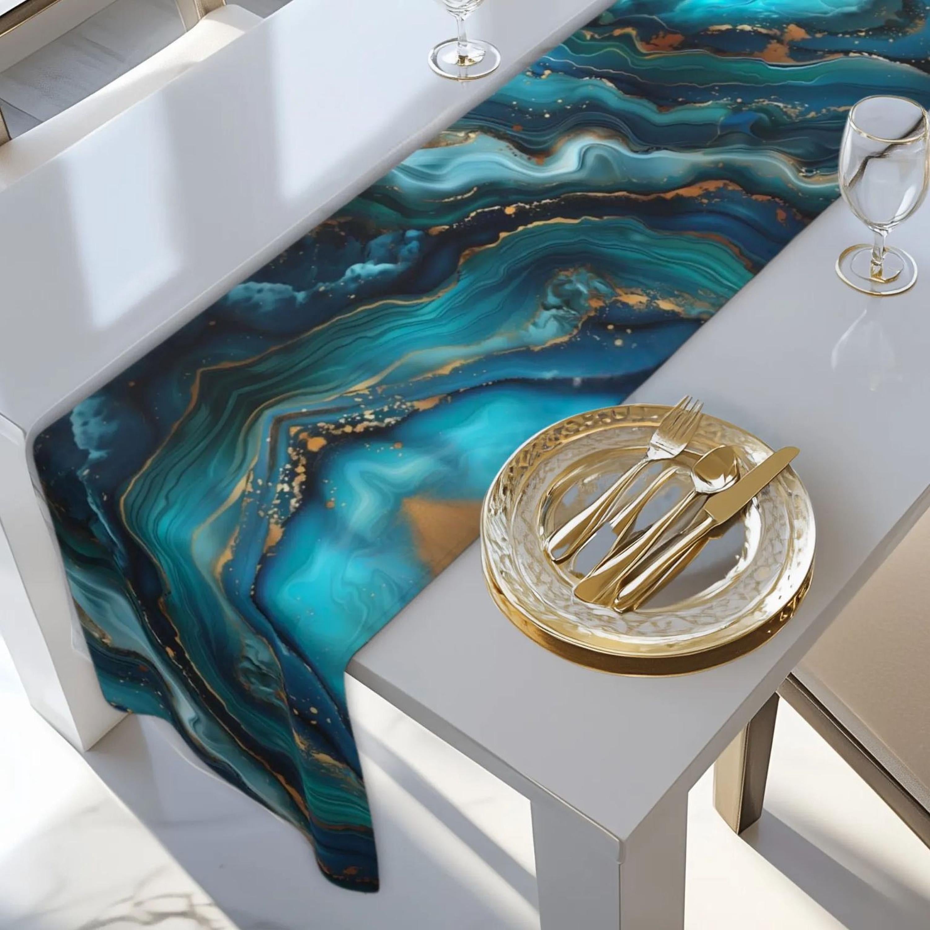 Elegant Ocean Wave Table Runner: Teal, Blue & Gold Accents for Sophisticated Dining Decor