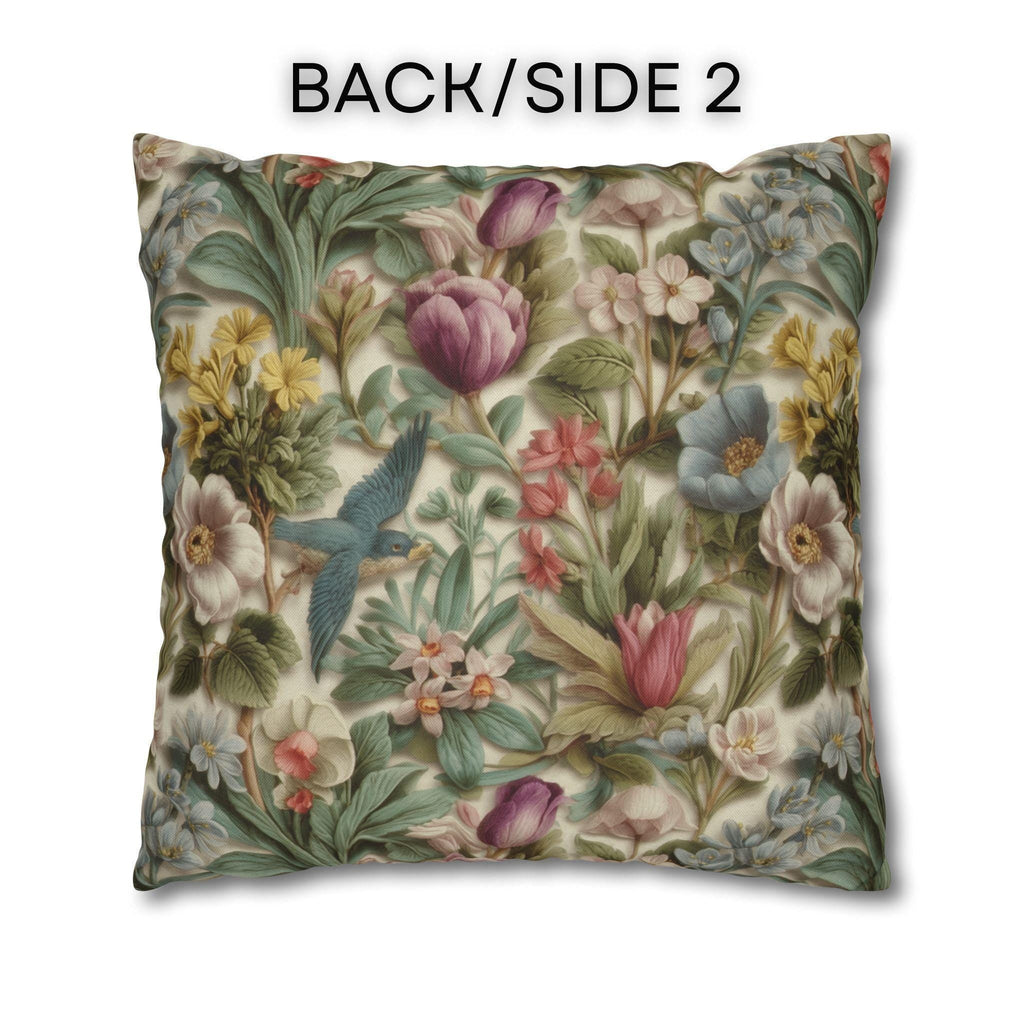 Stylized Botanical Pillow Cover: Floral & Songbird Garden in Soft Pastels