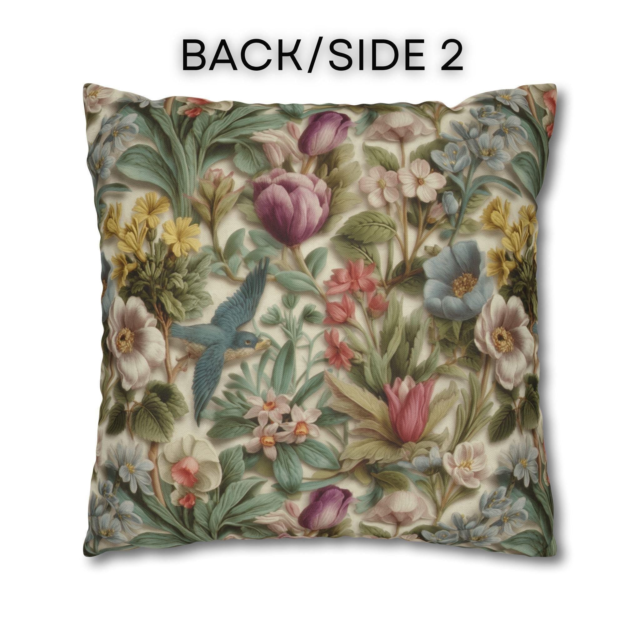 Stylized Botanical Pillow Cover: Floral & Songbird Garden in Soft Pastels