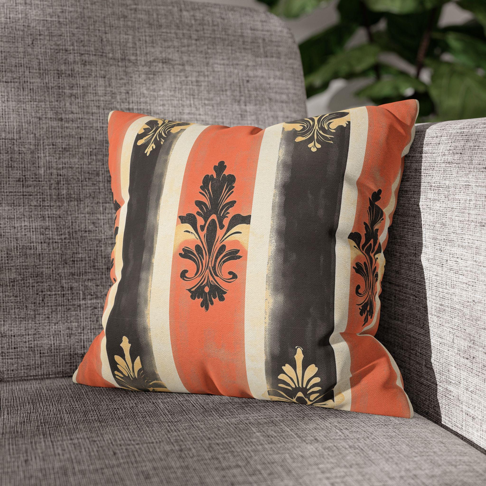 Elegant Farmhouse Patriotic Pillow Cover: Red, White & Navy Stripes with Gold Damask Floral Motifs