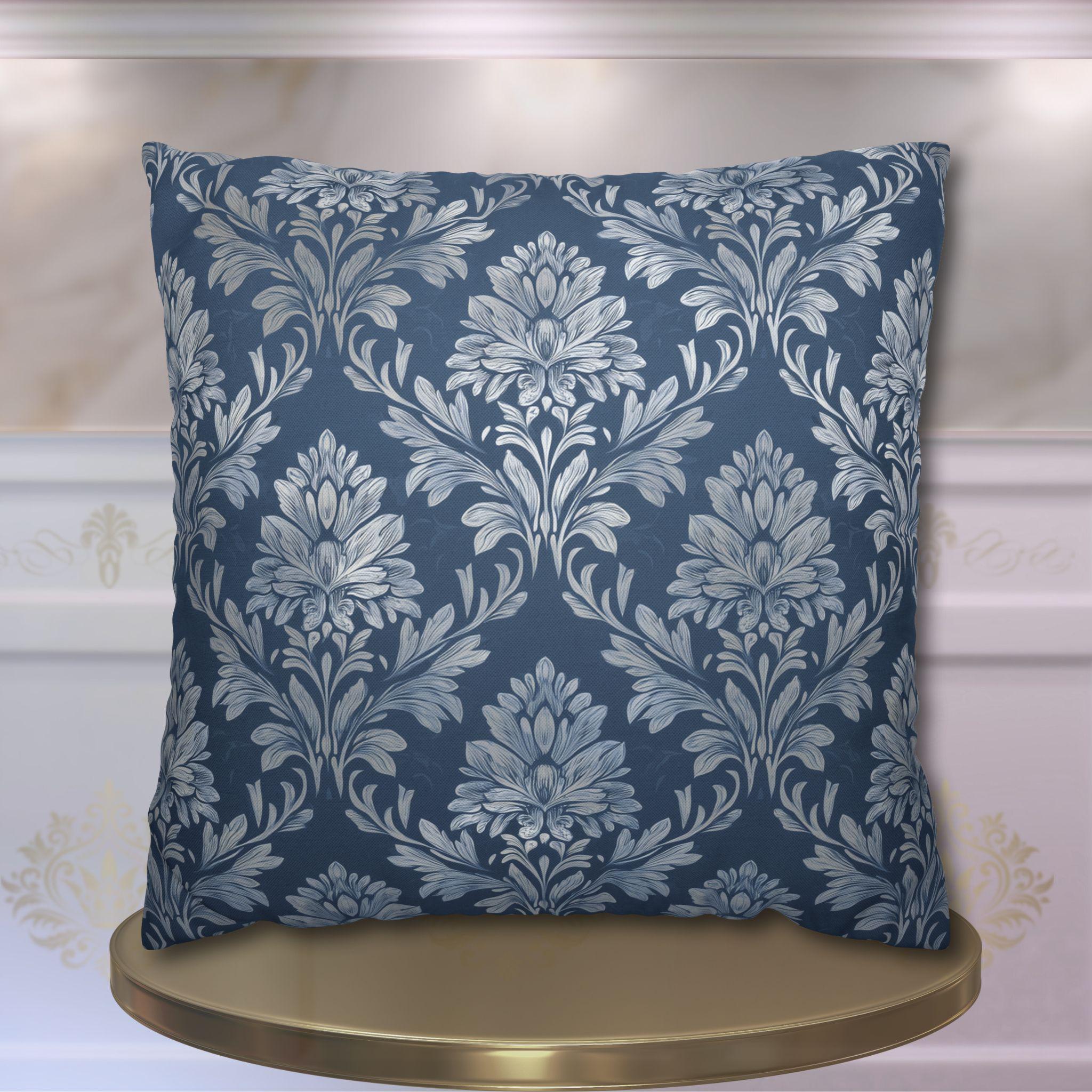 Slate Blue & Silver Damask Pillow Cover: Elegant Vintage Floral Cushion for Traditional Decor