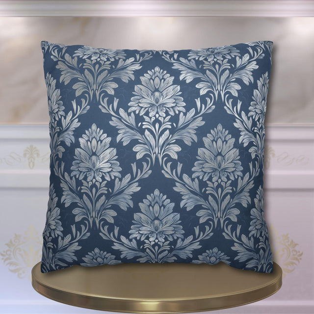 Slate Blue & Silver Damask Pillow Cover: Elegant Vintage Floral Cushion for Traditional Decor