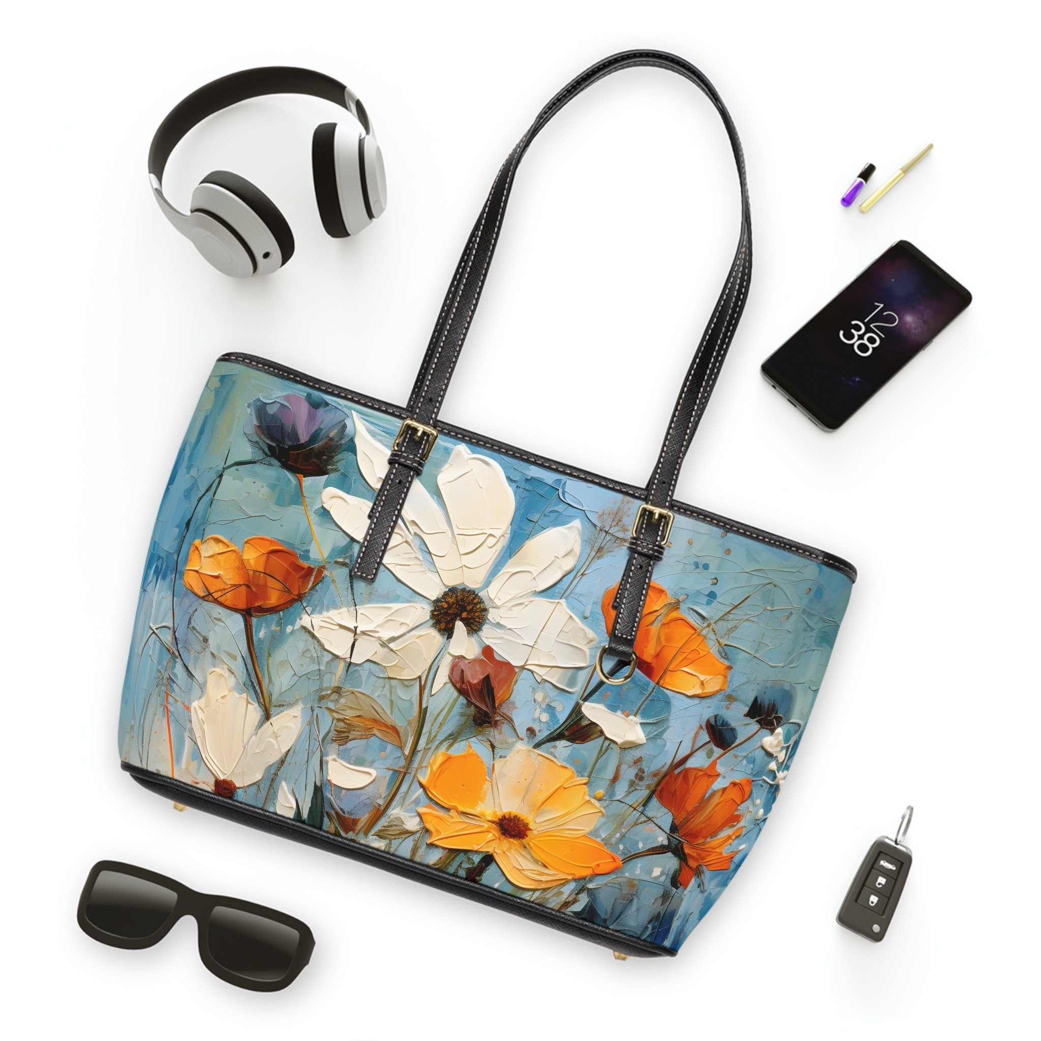 Wildflower Oil Painting Style Shoulder Bag: Oversized Vegan Leather Tote