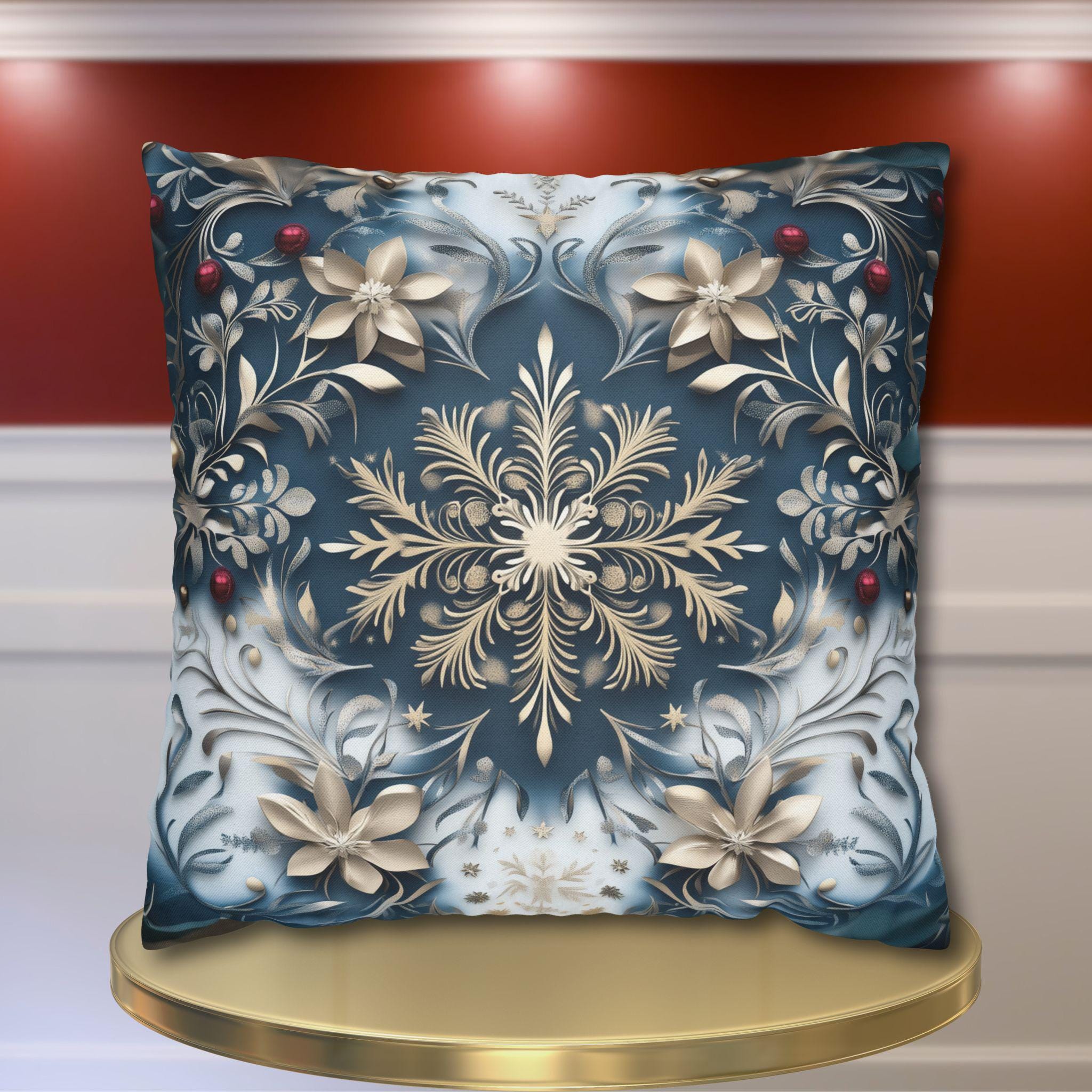 Opulent Golden Snowflake Pillowcase: Festive Winter Decor, Luxurious Square Cushion Cover for Elegant Homes
