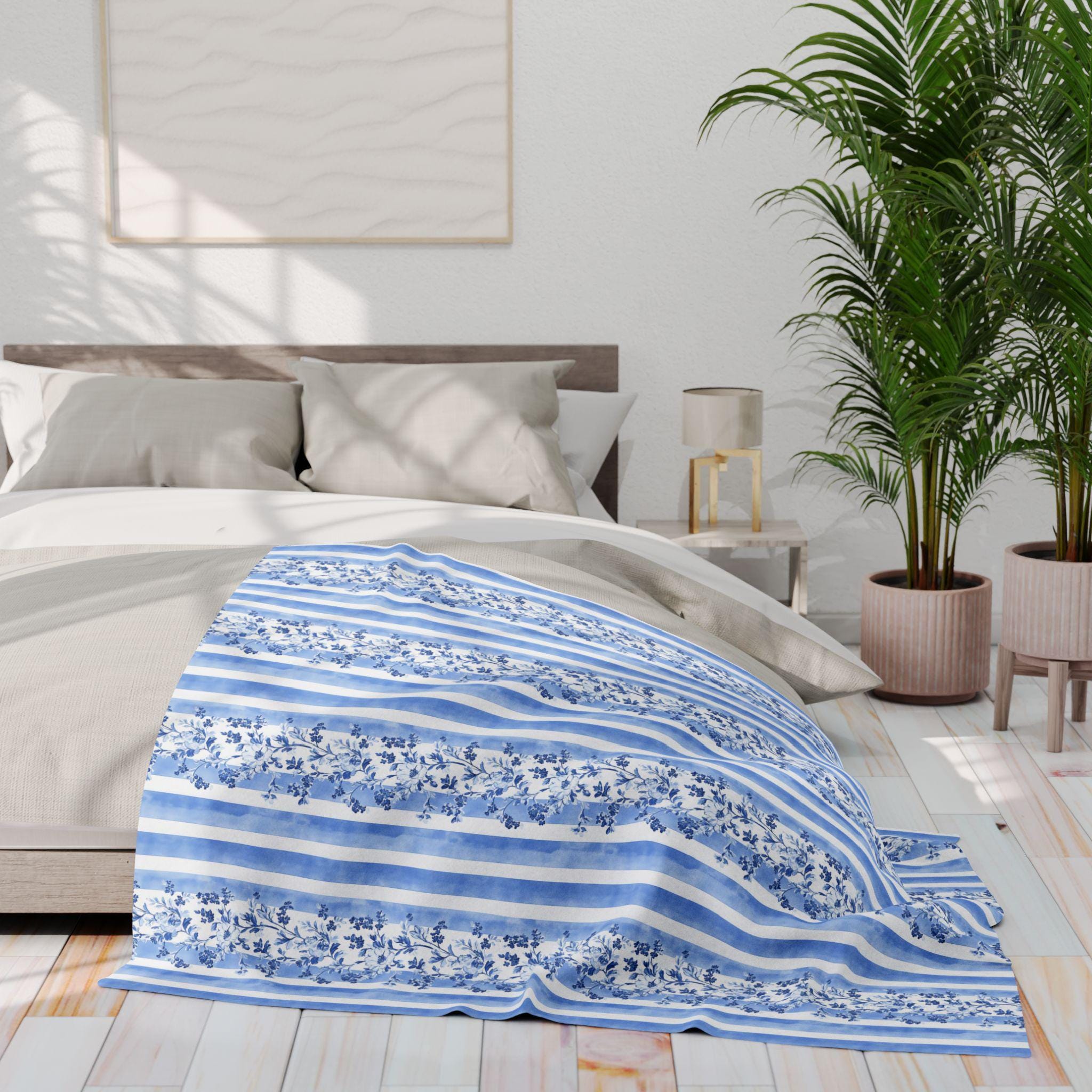 Fleece Throw Blanket: Blue and White Stripes (Reversible, Cozy Accent)