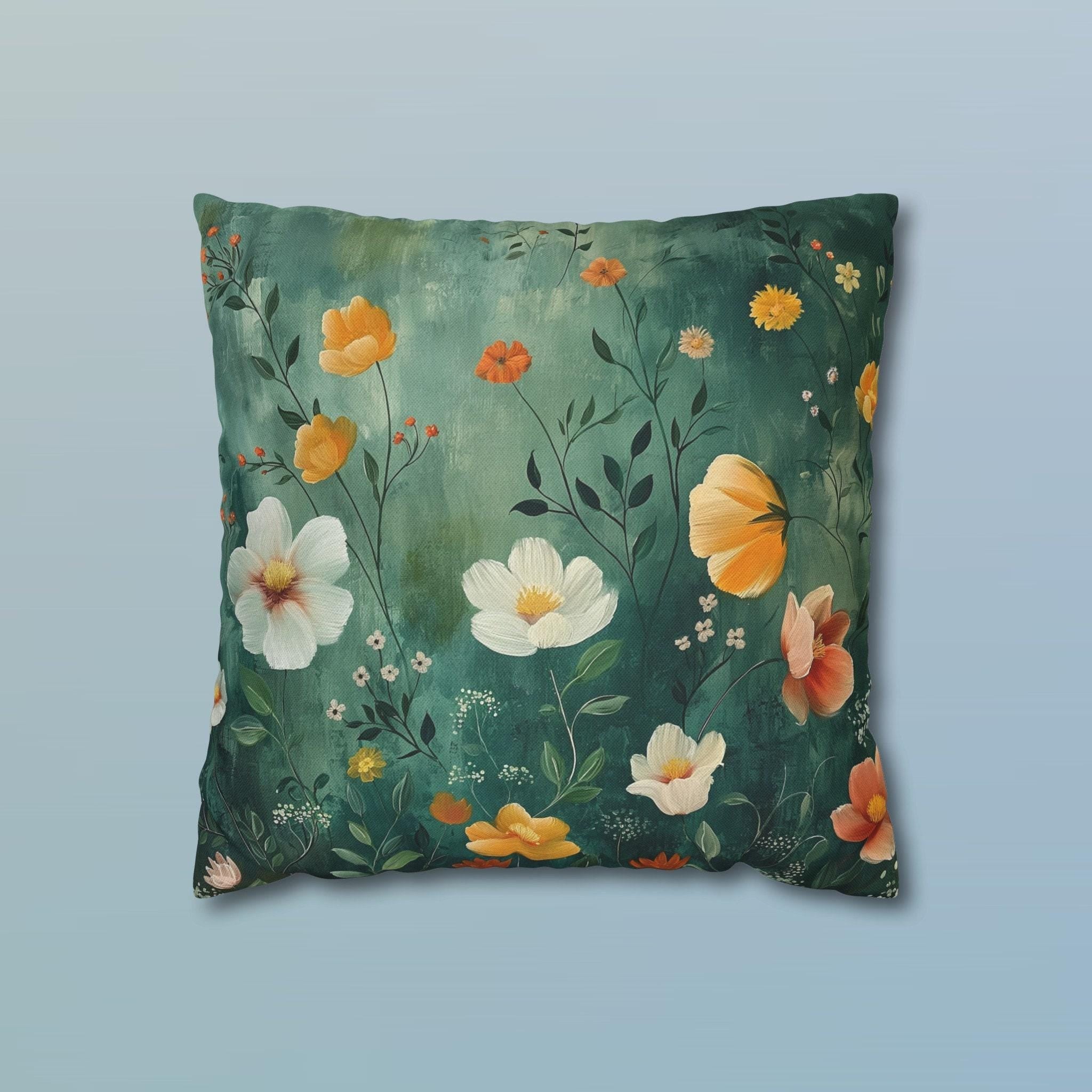 Botanical Pillow Cover: Emerald Green Garden Cottagecore Cushion