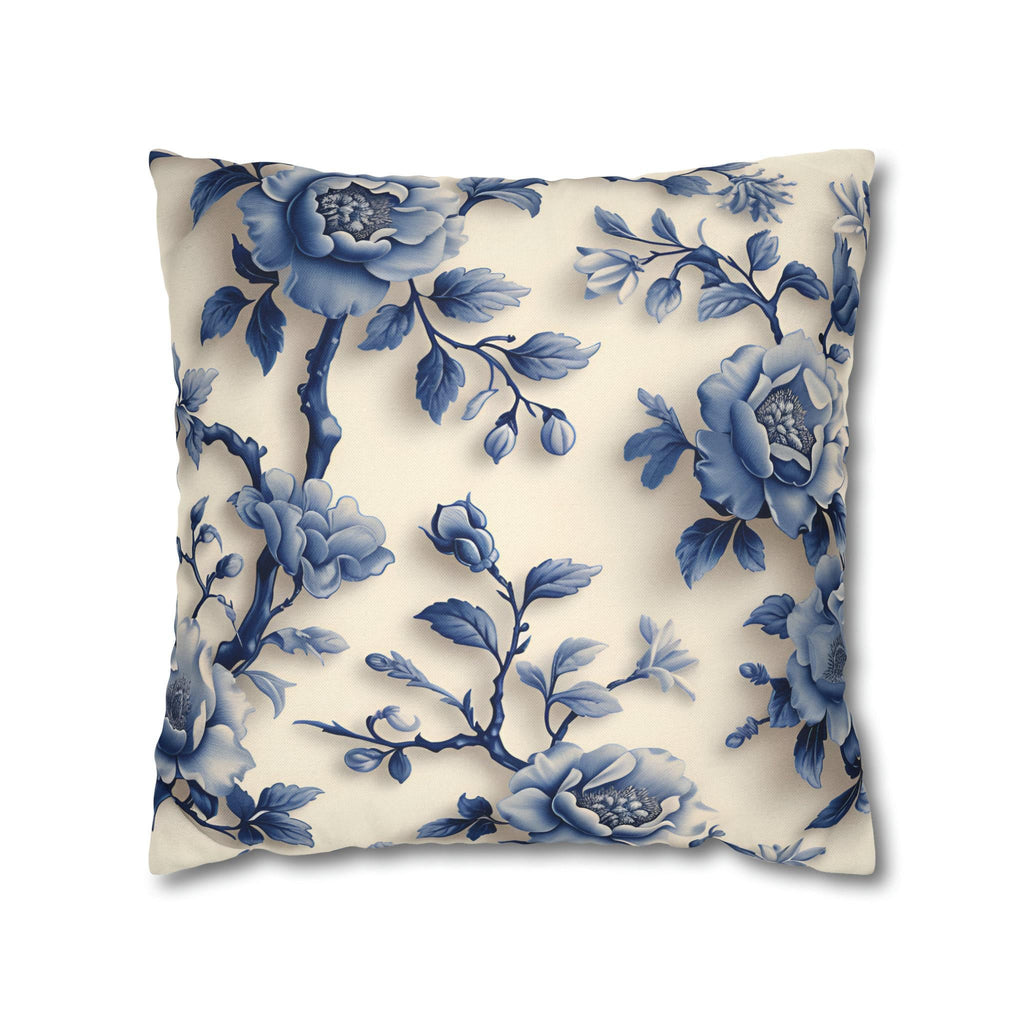 Elegant Chinoiserie Blue Floral Pillow Cover: Porcelain-Inspired Off-White